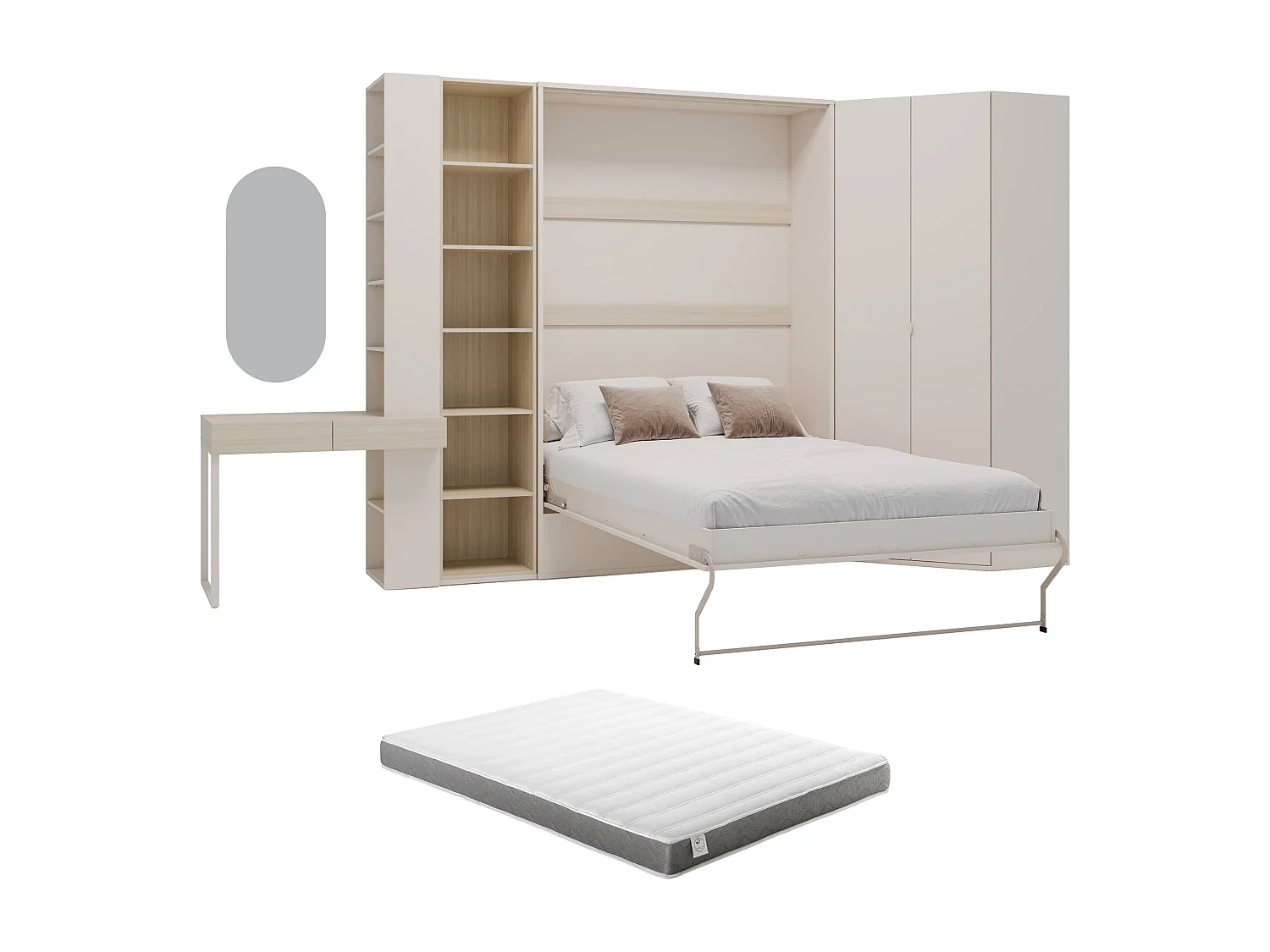 Lit escamotable vertical 140 x 200 cm - Avec coiffeuse, bibliothèque et armoire d'angle - Beige et naturel + Matelas - NILODIA