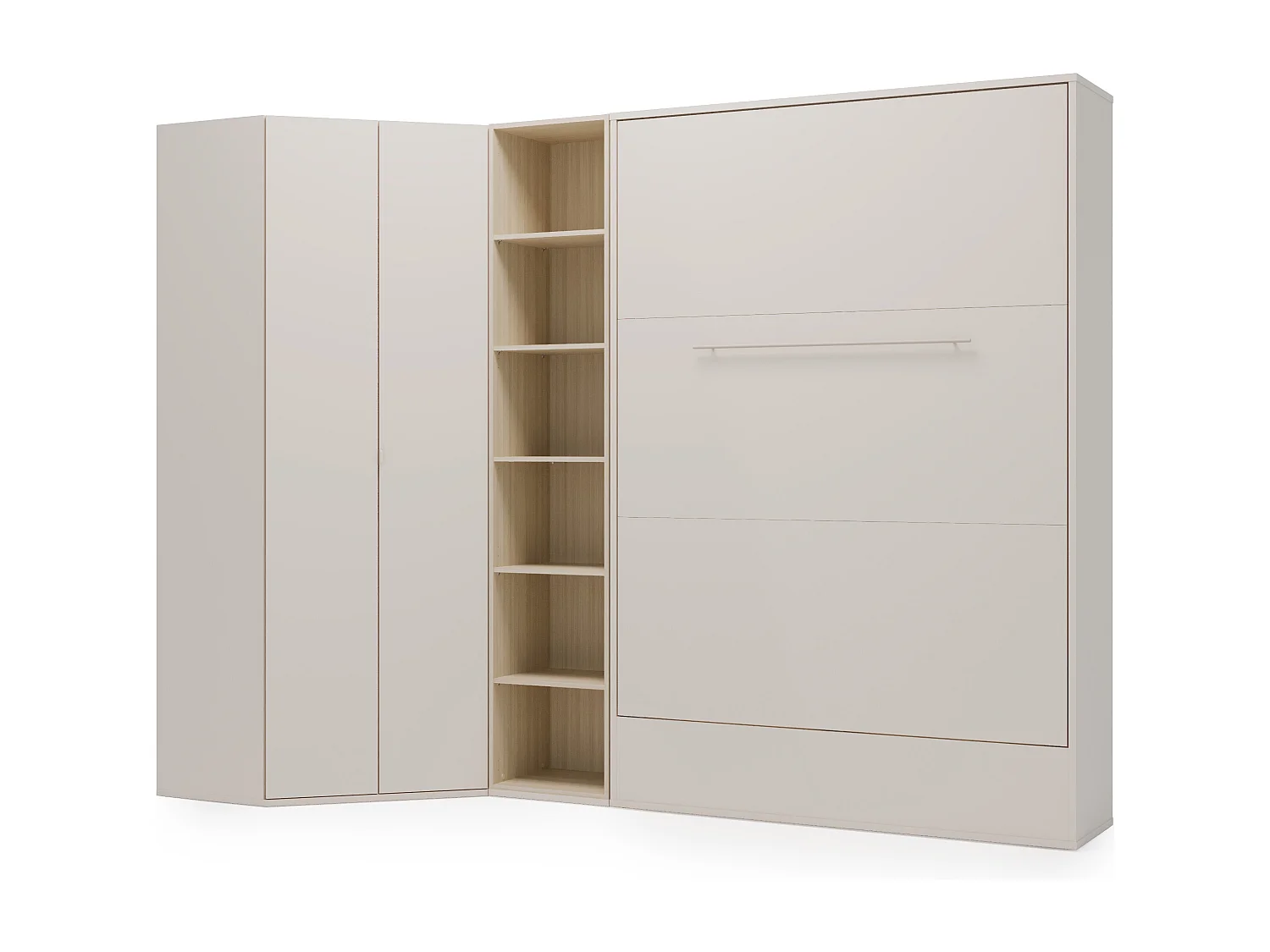 Lit escamotable vertical 140 x 200 cm - Avec armoire d'angle et bibliothèque - Beige et naturel - NILODIA