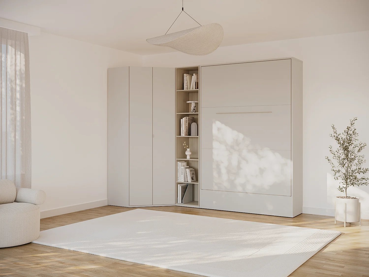 Lit escamotable vertical 140 x 200 cm - Avec armoire d'angle et bibliothèque - Beige et naturel - NILODIA