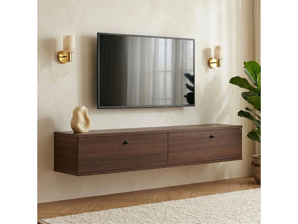 Wall-mounted TV unit with 2 drop-down doors, 140 cm wide - ROY