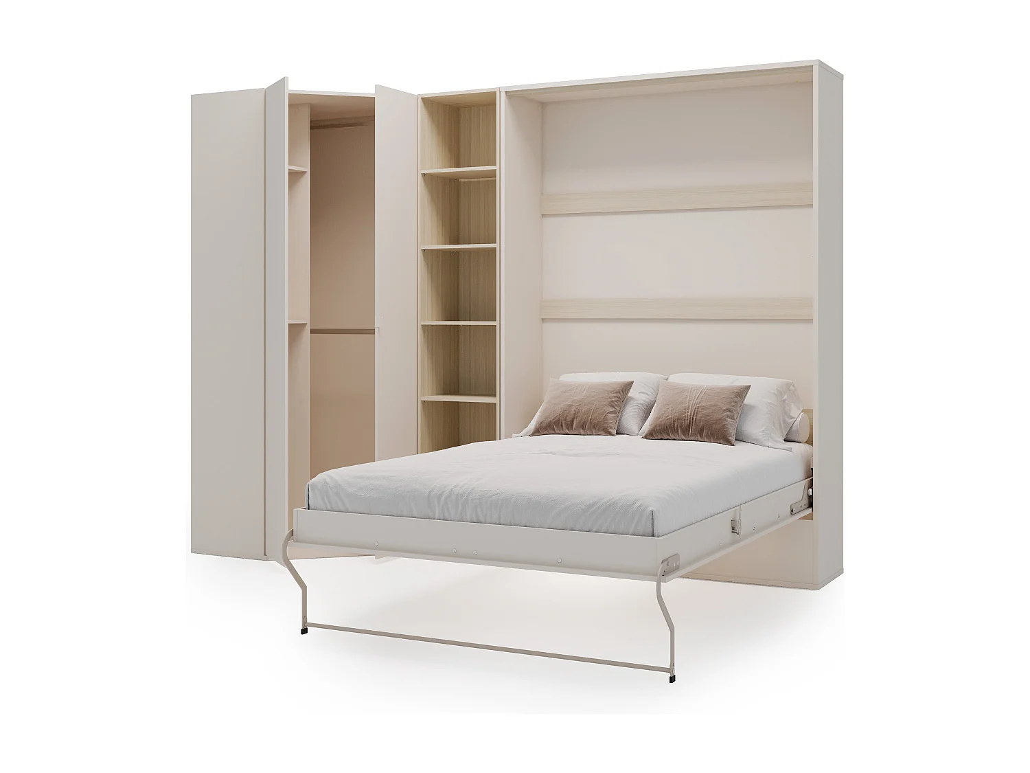 Verticale bedkast 140 x 200 cm - Met hoekkast en boekenkast - Beige en naturel + Matras - NILODIA