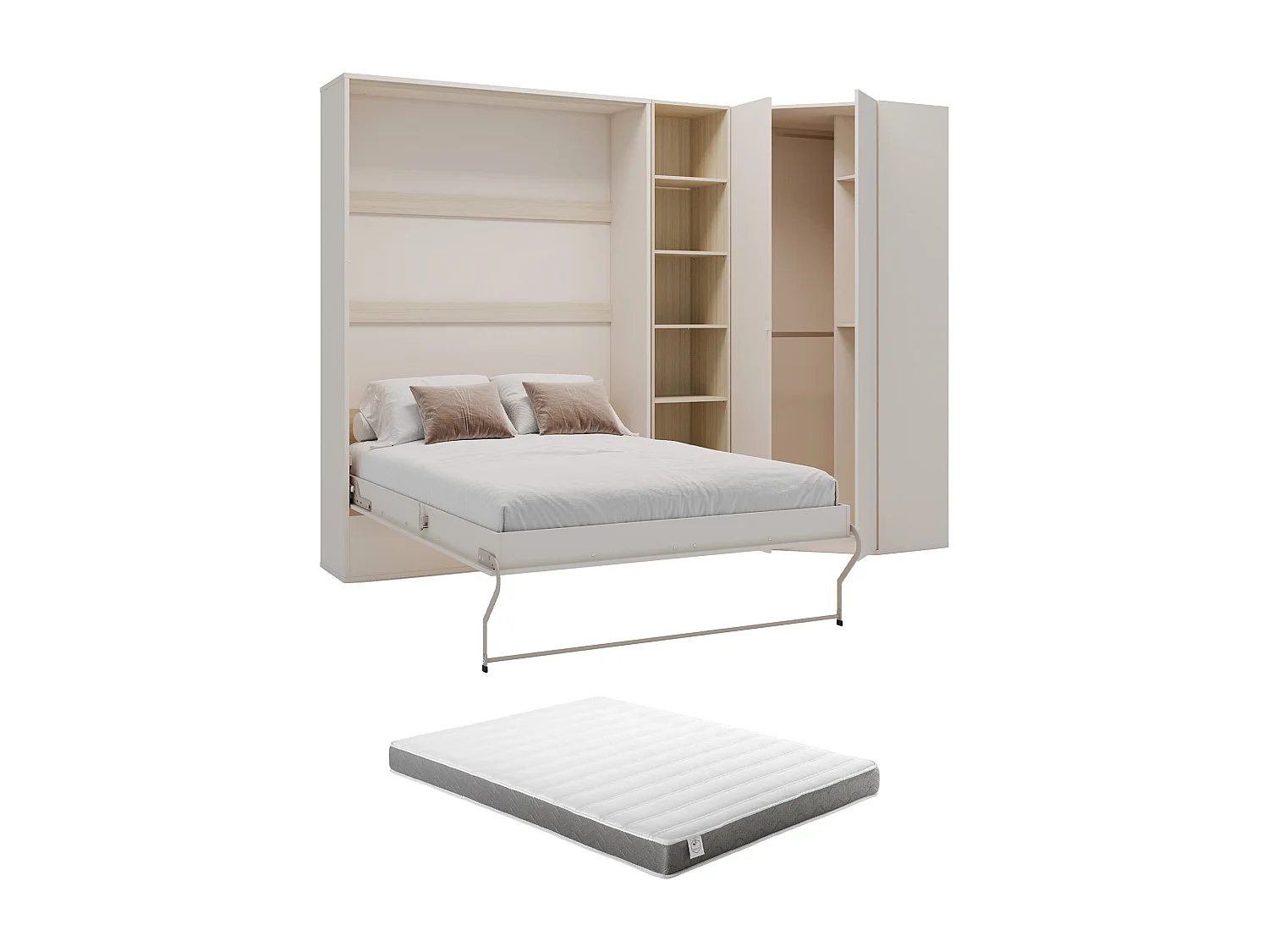 Verticale bedkast 140 x 200 cm - Met hoekkast en boekenkast - Beige en naturel + Matras - NILODIA