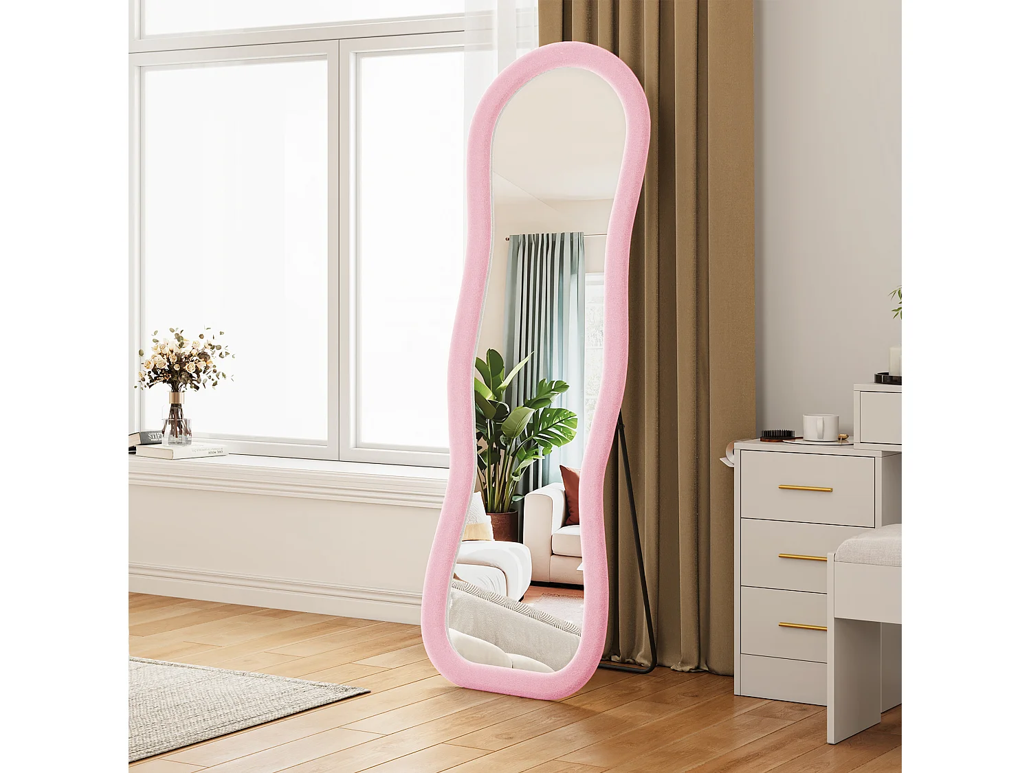 Miroir plein pied ondulé 160x50 cm, mural, cadre en velours, verre trempé, miroir dressing moderne, décoration chambre, rose