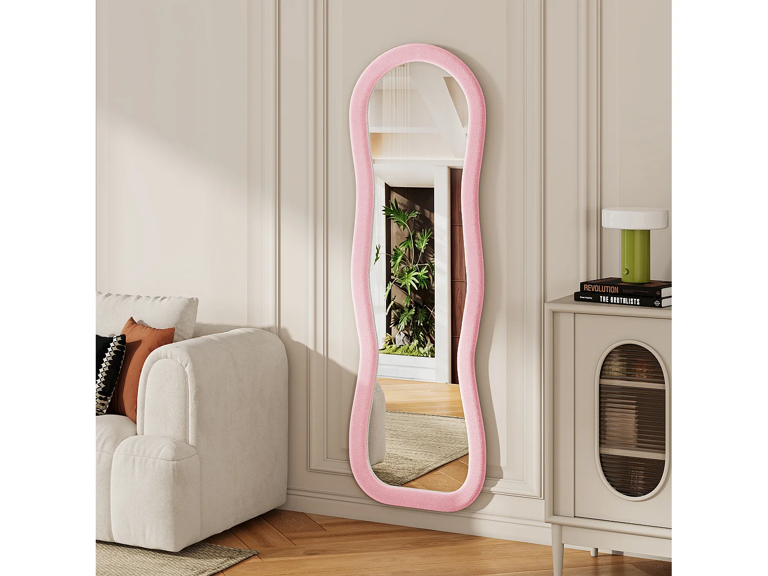 Miroir plein pied ondulé 160x50 cm, mural, cadre en velours, verre trempé, miroir dressing moderne, décoration chambre, rose