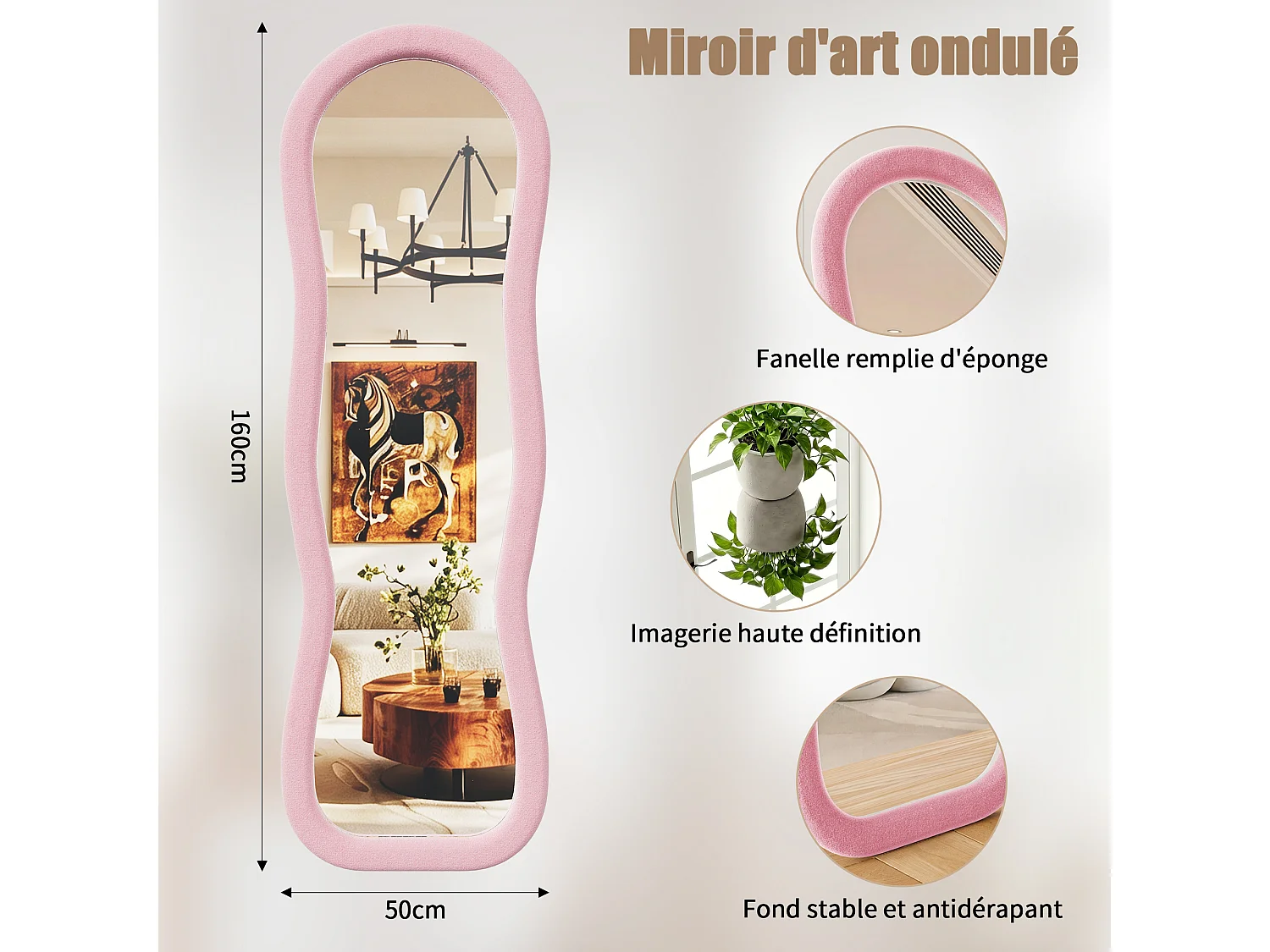 Miroir plein pied ondulé 160x50 cm, mural, cadre en velours, verre trempé, miroir dressing moderne, décoration chambre, rose