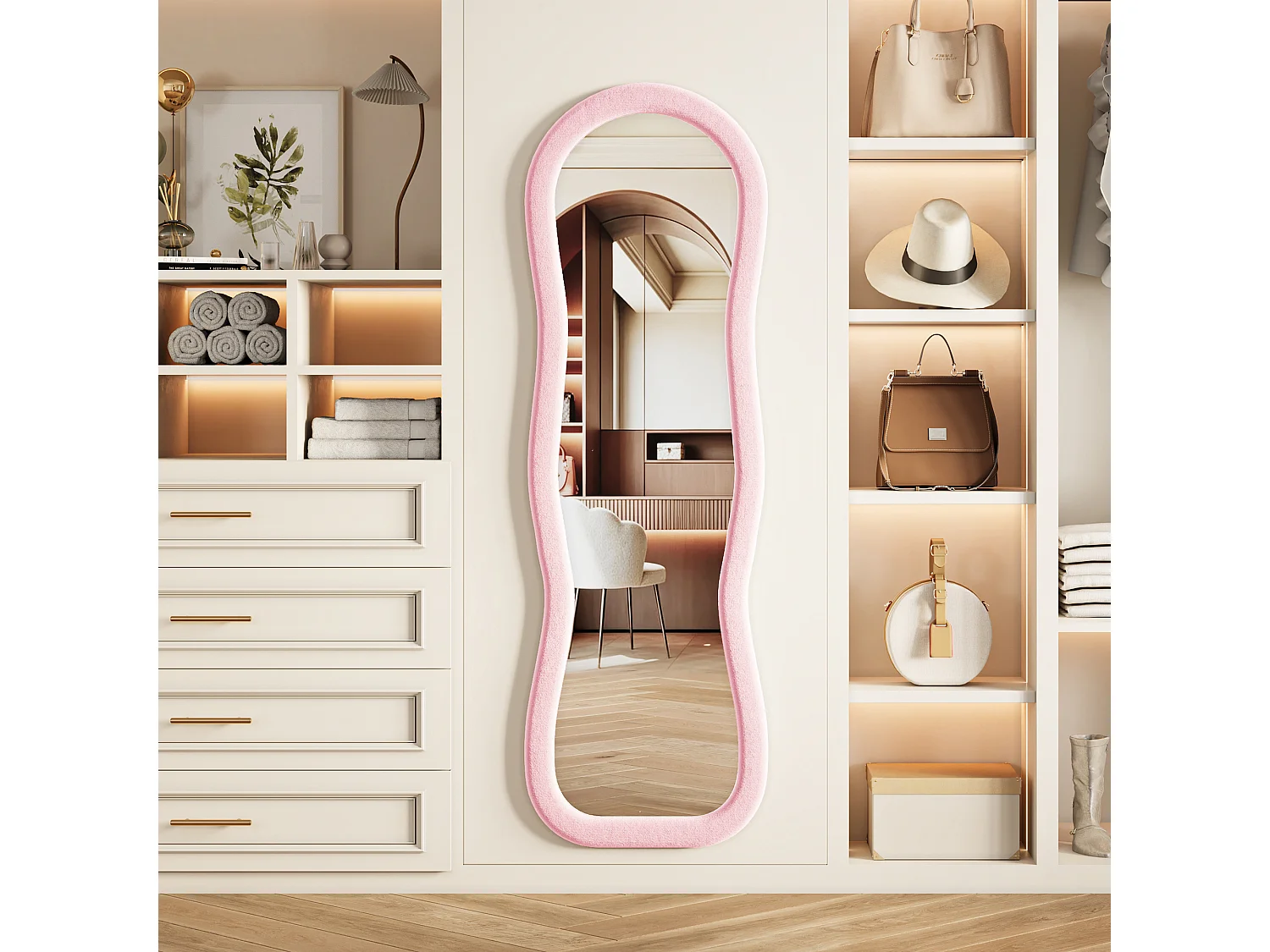 Miroir plein pied ondulé 160x50 cm, mural, cadre en velours, verre trempé, miroir dressing moderne, décoration chambre, rose