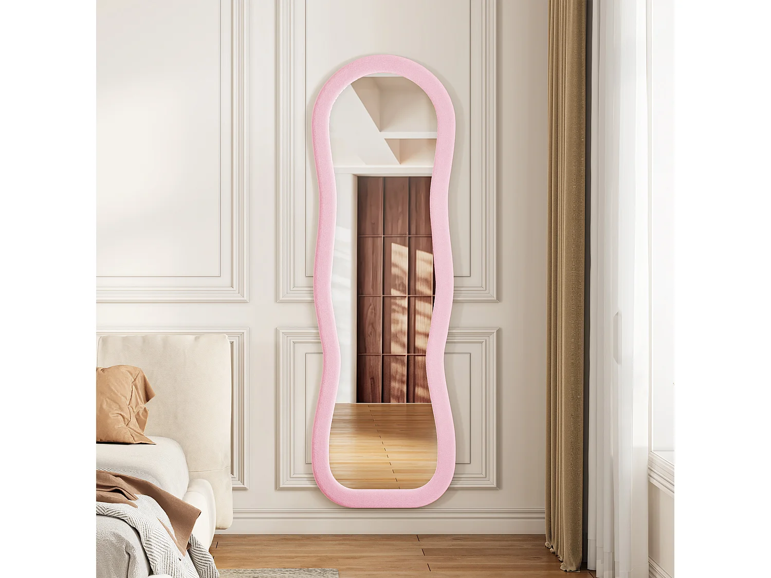Miroir plein pied ondulé 160x50 cm, mural, cadre en velours, verre trempé, miroir dressing moderne, décoration chambre, rose
