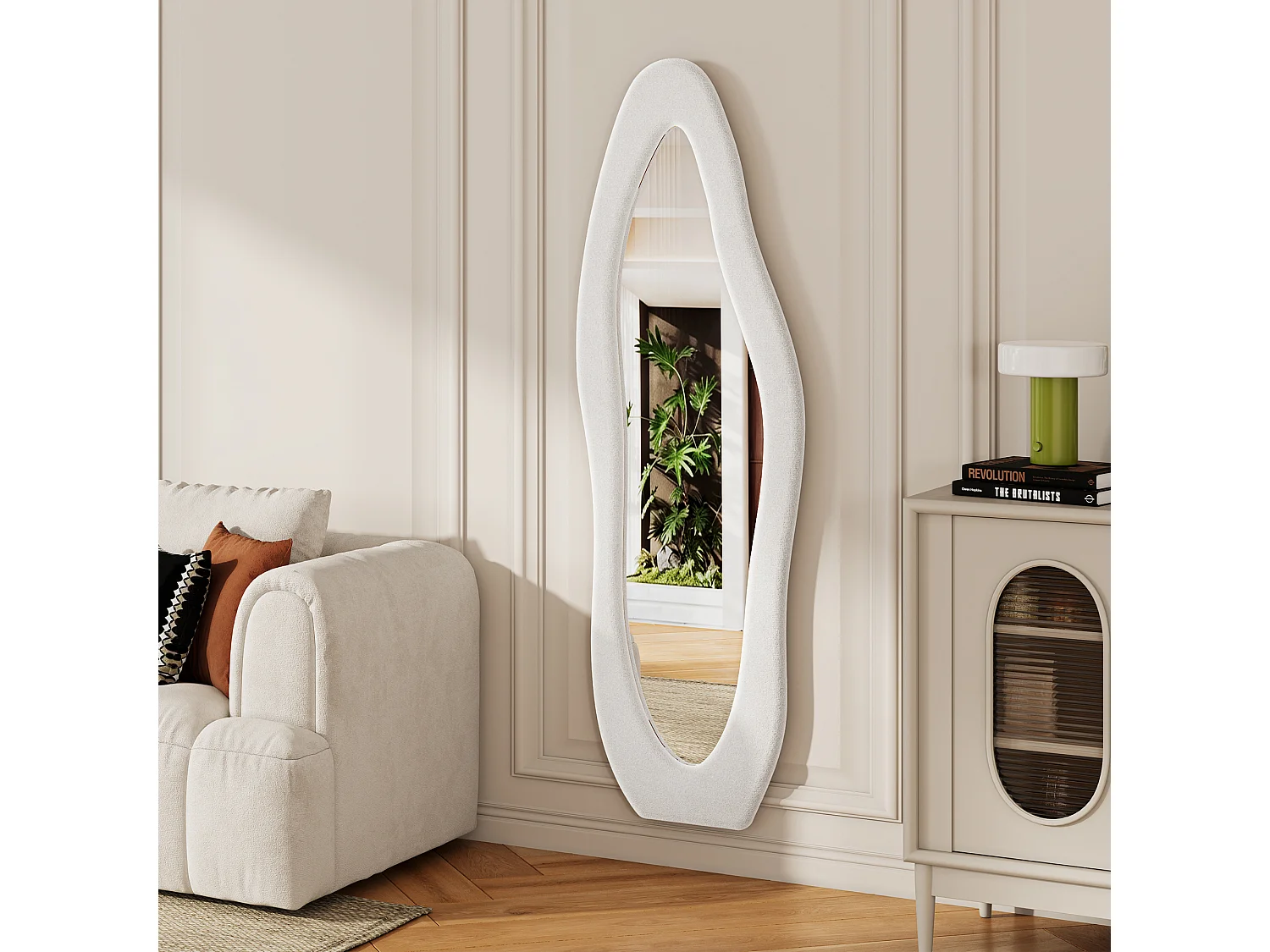 Miroir plein pied irrégulier 160x50 cm, mural, cadre en velours, verre trempé, miroir décoratif moderne, chambre, salon, blanc