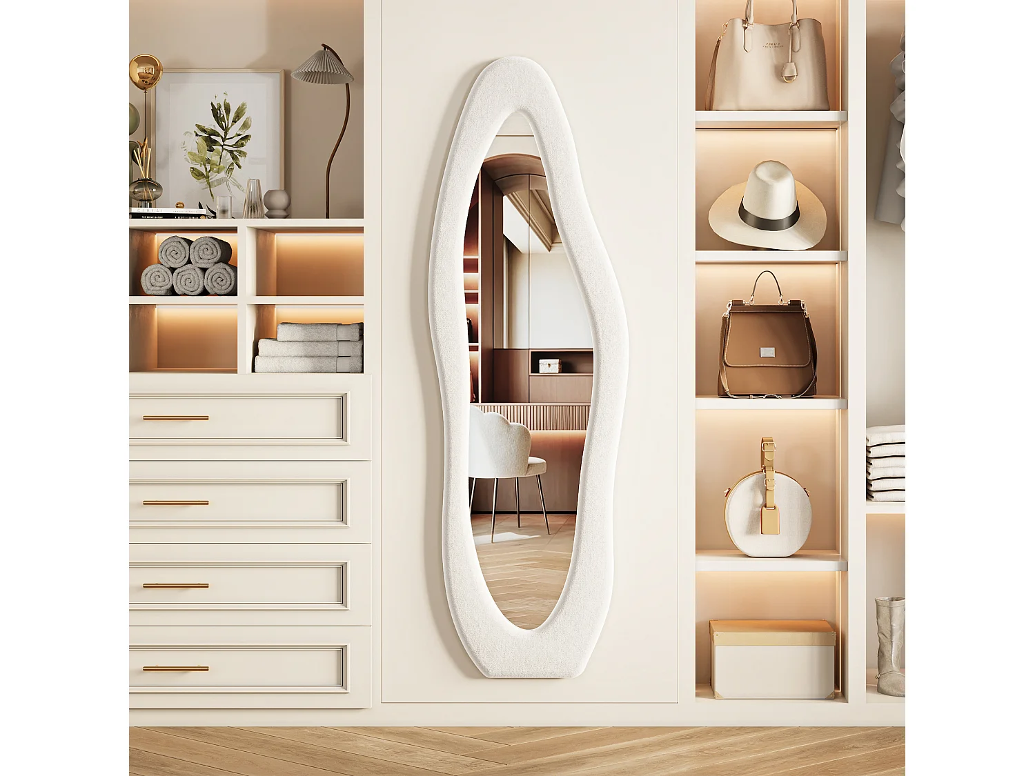 Miroir plein pied irrégulier 160x50 cm, mural, cadre en velours, verre trempé, miroir décoratif moderne, chambre, salon, blanc