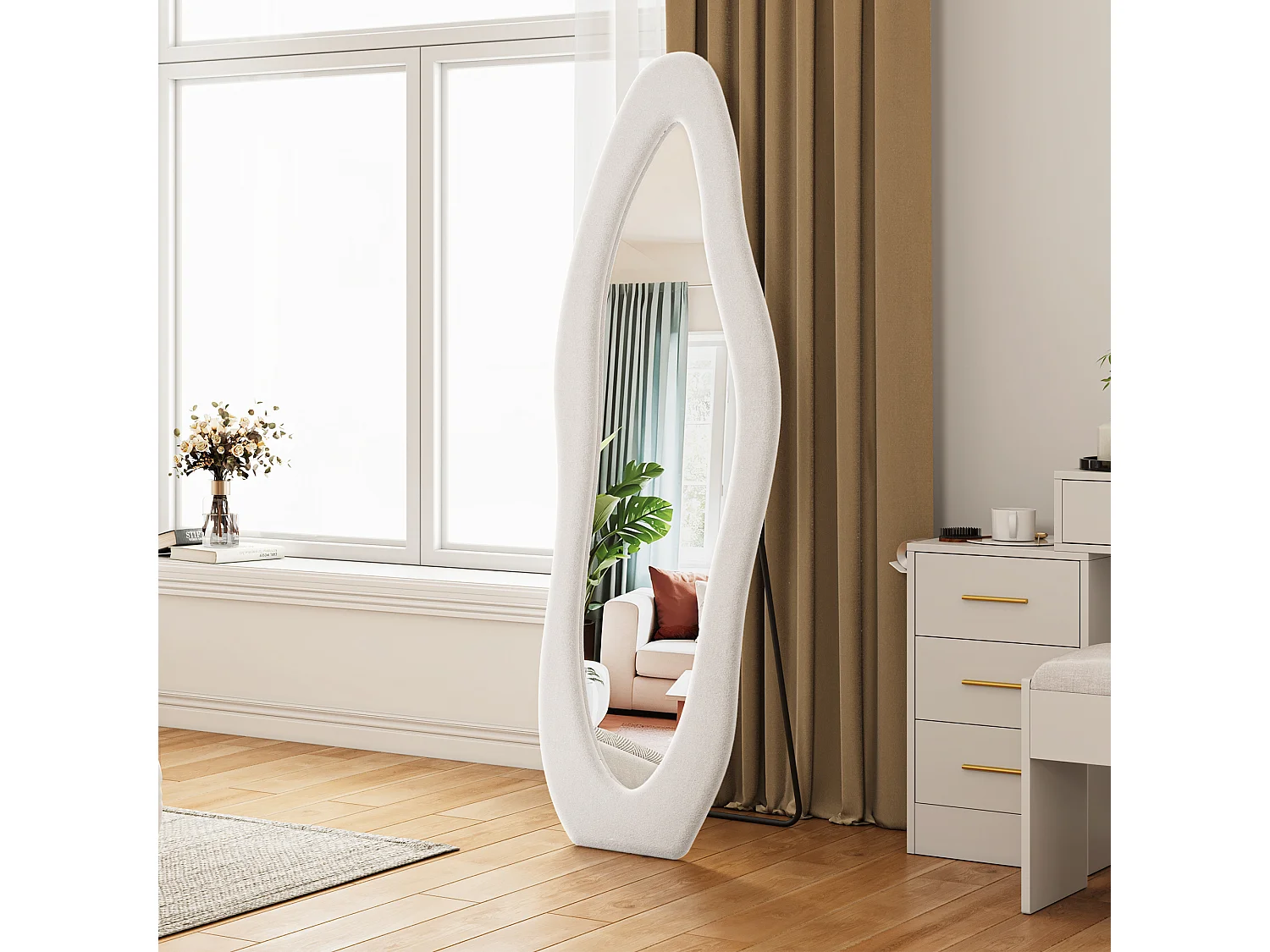 Miroir plein pied irrégulier 160x50 cm, mural, cadre en velours, verre trempé, miroir décoratif moderne, chambre, salon, blanc