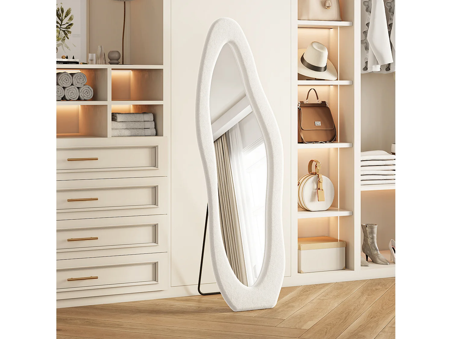 Miroir plein pied irrégulier 160x50 cm, mural, cadre en velours, verre trempé, miroir décoratif moderne, chambre, salon, blanc