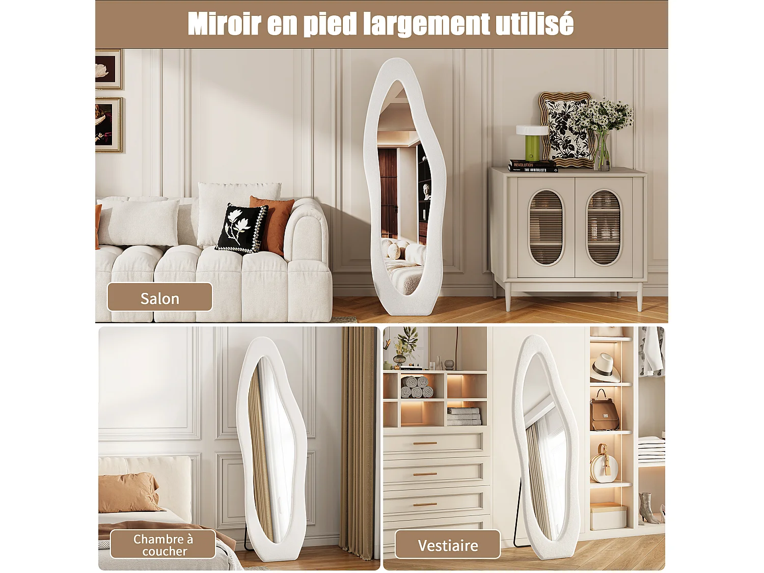 Miroir plein pied irrégulier 160x50 cm, mural, cadre en velours, verre trempé, miroir décoratif moderne, chambre, salon, blanc