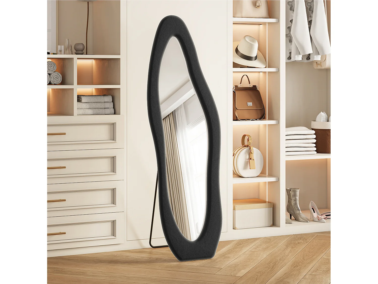 Miroir plein pied irrégulier 160x50 cm, mural, cadre rembourré en velours, verre trempé, miroir dressing moderne, chambre, entrée, noir