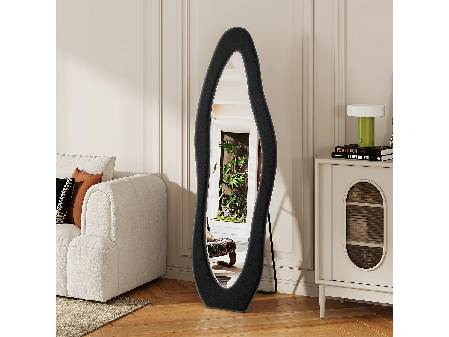 Miroir plein pied irrégulier 160x50 cm, mural, cadre rembourré en velours, verre trempé, miroir dressing moderne, chambre, entrée, noir