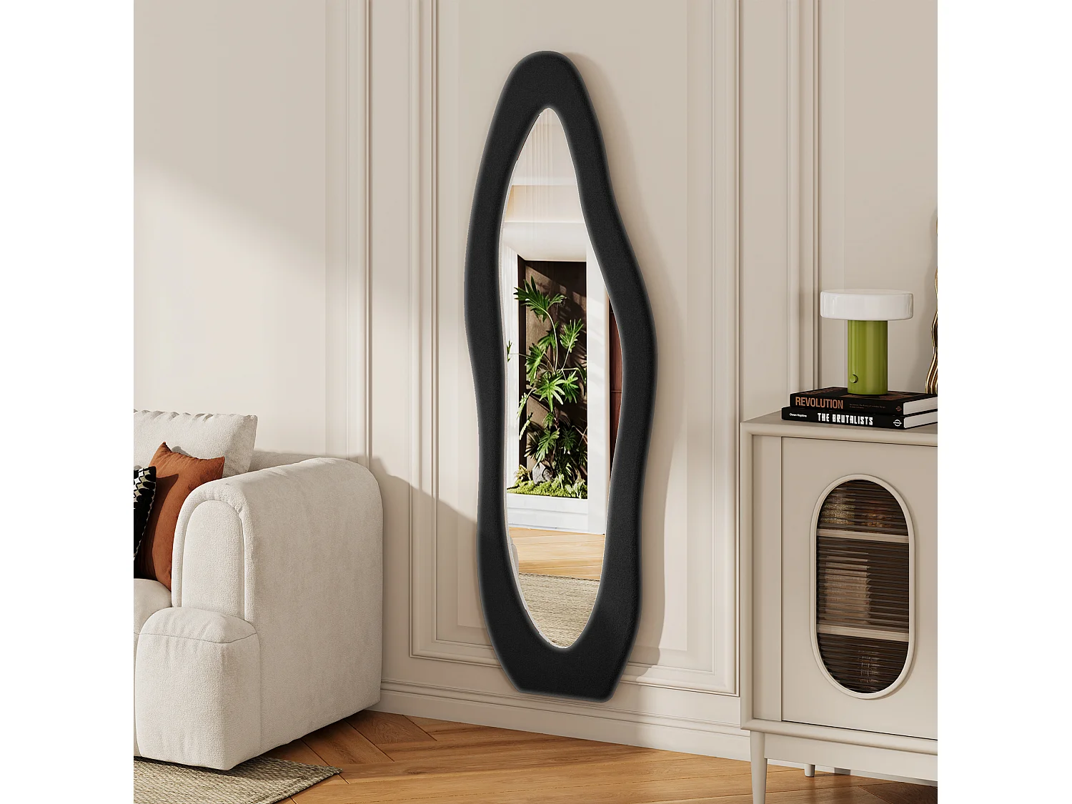 Miroir plein pied irrégulier 160x50 cm, mural, cadre rembourré en velours, verre trempé, miroir dressing moderne, chambre, entrée, noir