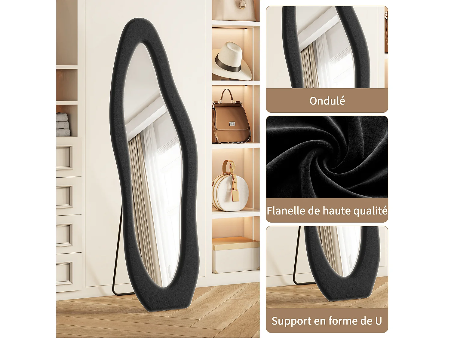 Miroir plein pied irrégulier 160x50 cm, mural, cadre rembourré en velours, verre trempé, miroir dressing moderne, chambre, entrée, noir