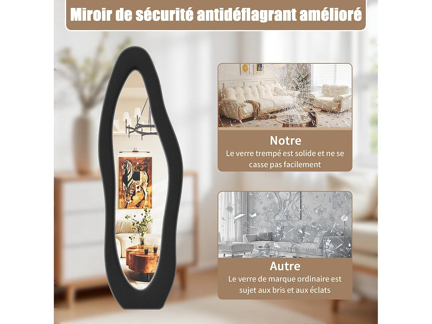 Miroir plein pied irrégulier 160x50 cm, mural, cadre rembourré en velours, verre trempé, miroir dressing moderne, chambre, entrée, noir