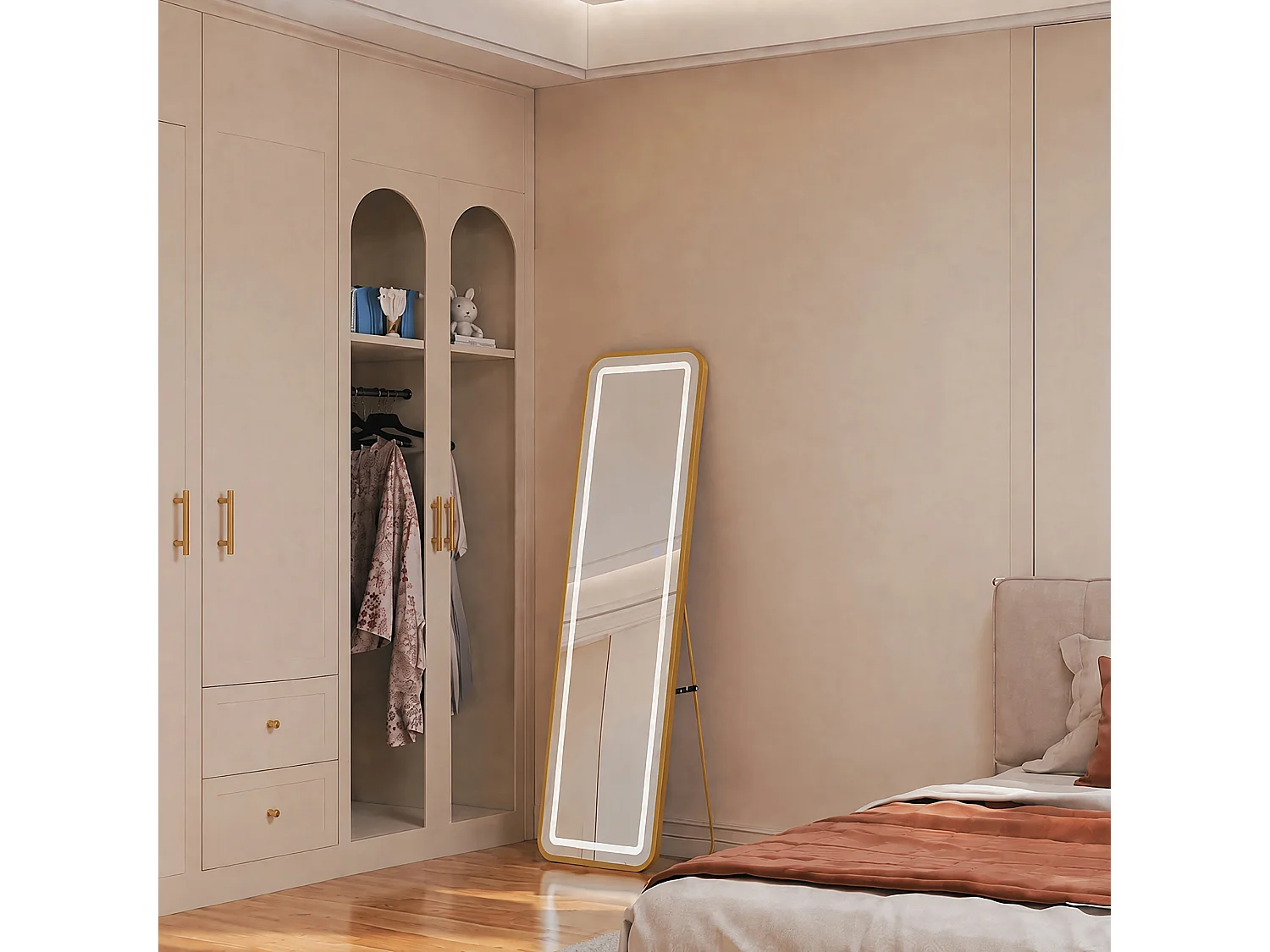 Miroir plein pied LED 150x40 cm, cadre doré, 3 températures de couleur, luminosité réglable, mural ou sur pied