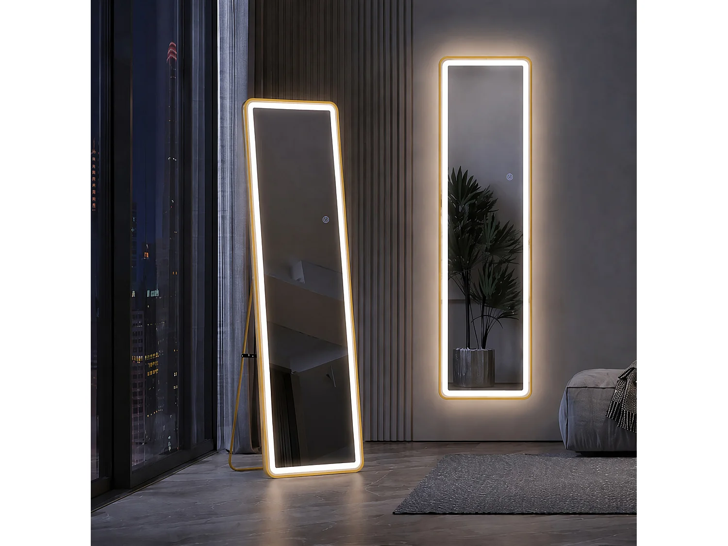 Miroir plein pied LED 150x40 cm, cadre doré, 3 températures de couleur, luminosité réglable, mural ou sur pied