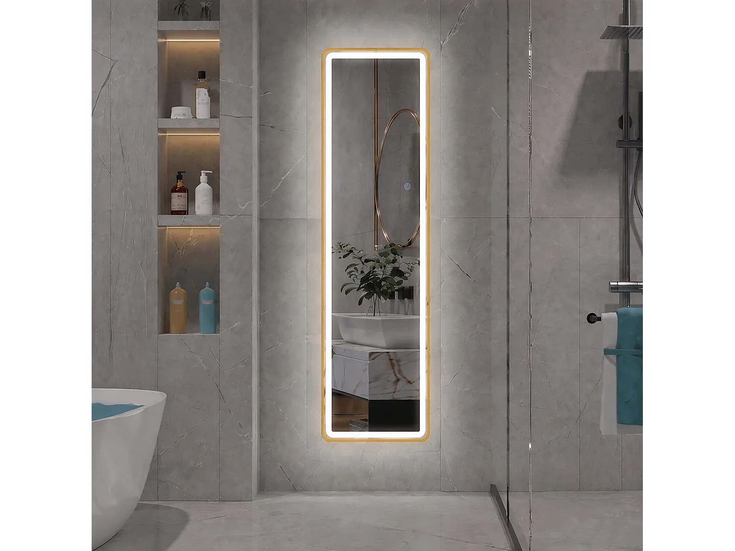 Miroir plein pied LED 150x40 cm, cadre doré, 3 températures de couleur, luminosité réglable, mural ou sur pied