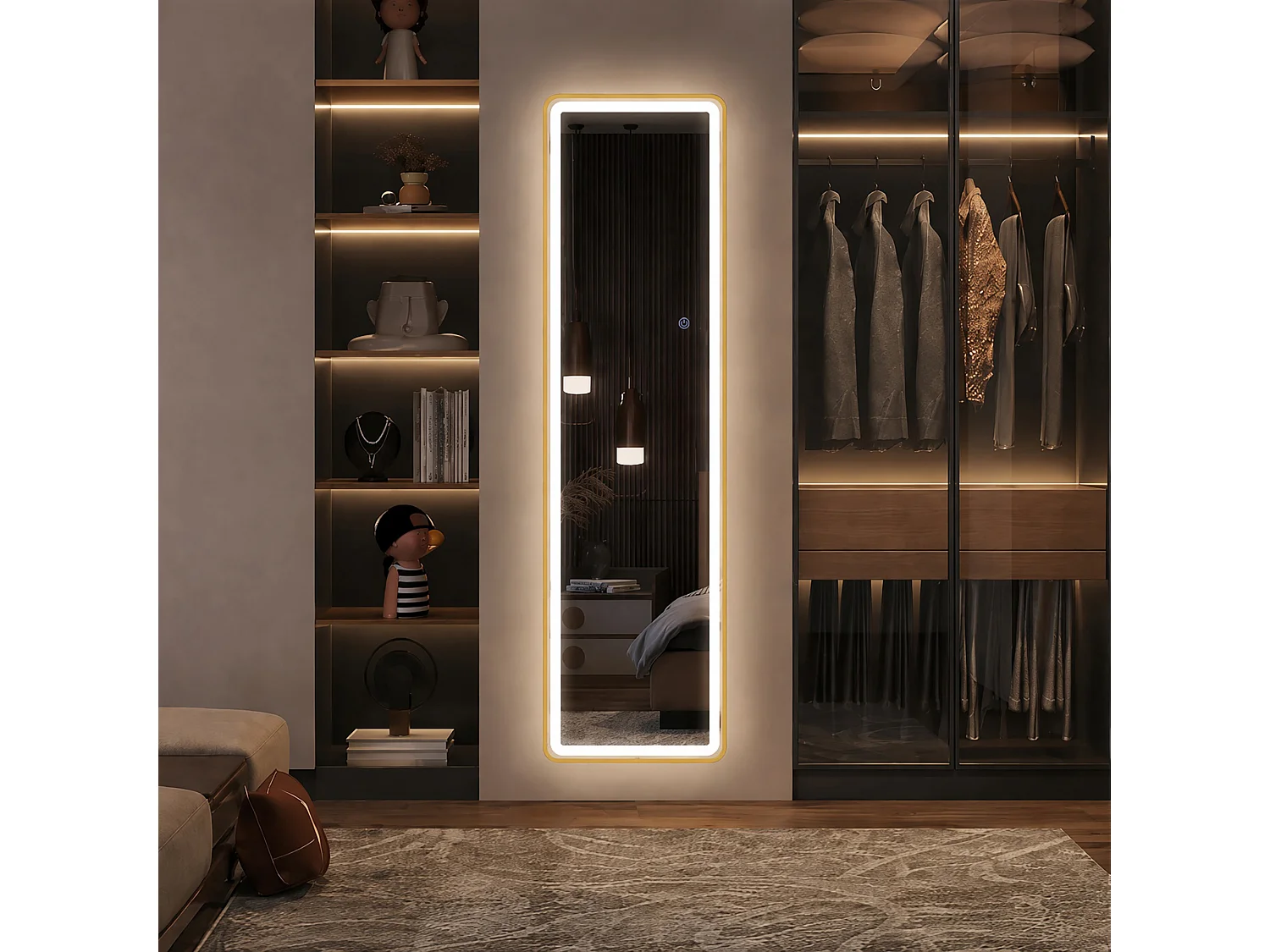 Miroir plein pied LED 150x40 cm, cadre doré, 3 températures de couleur, luminosité réglable, mural ou sur pied
