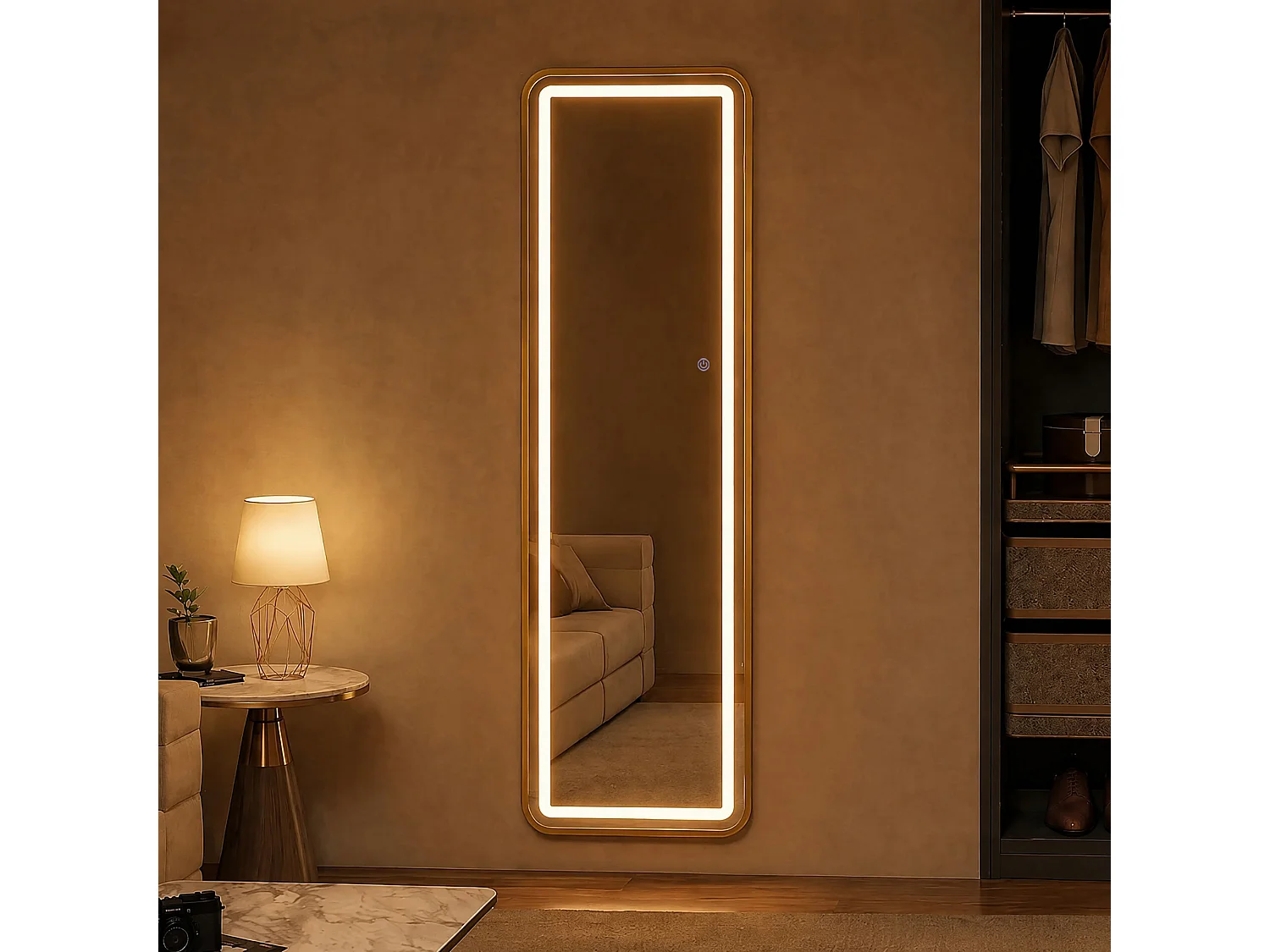 Miroir plein pied LED 150x40 cm, cadre doré, 3 températures de couleur, luminosité réglable, mural ou sur pied