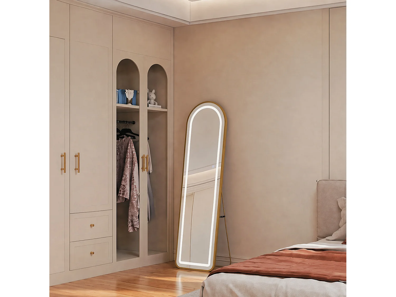 LED Passpiegel-150x40 cm-Volledige Lichaamsspiegel-Gouden Frame-Ronde / Boog-Verstelbare Verlichting-Wandmontage / Vrijstaand