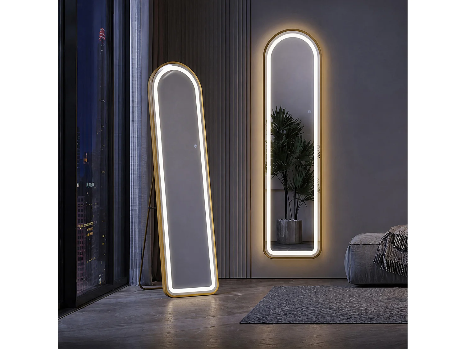 LED Passpiegel-150x40 cm-Volledige Lichaamsspiegel-Gouden Frame-Ronde / Boog-Verstelbare Verlichting-Wandmontage / Vrijstaand