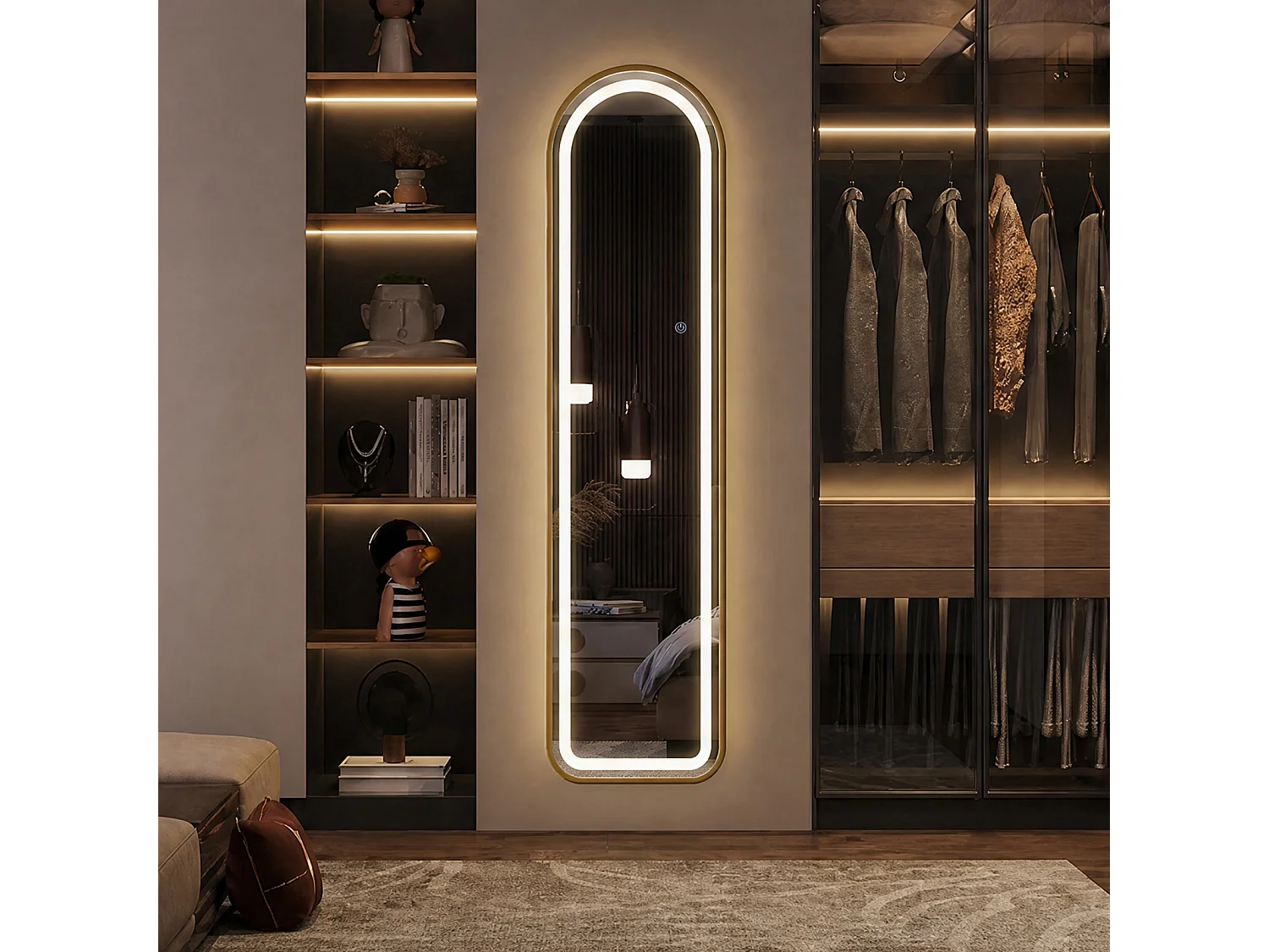 LED Passpiegel-150x40 cm-Volledige Lichaamsspiegel-Gouden Frame-Ronde / Boog-Verstelbare Verlichting-Wandmontage / Vrijstaand