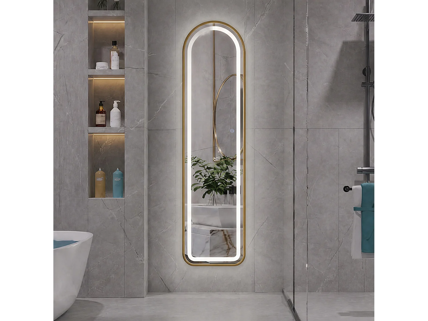 LED Passpiegel-150x40 cm-Volledige Lichaamsspiegel-Gouden Frame-Ronde / Boog-Verstelbare Verlichting-Wandmontage / Vrijstaand