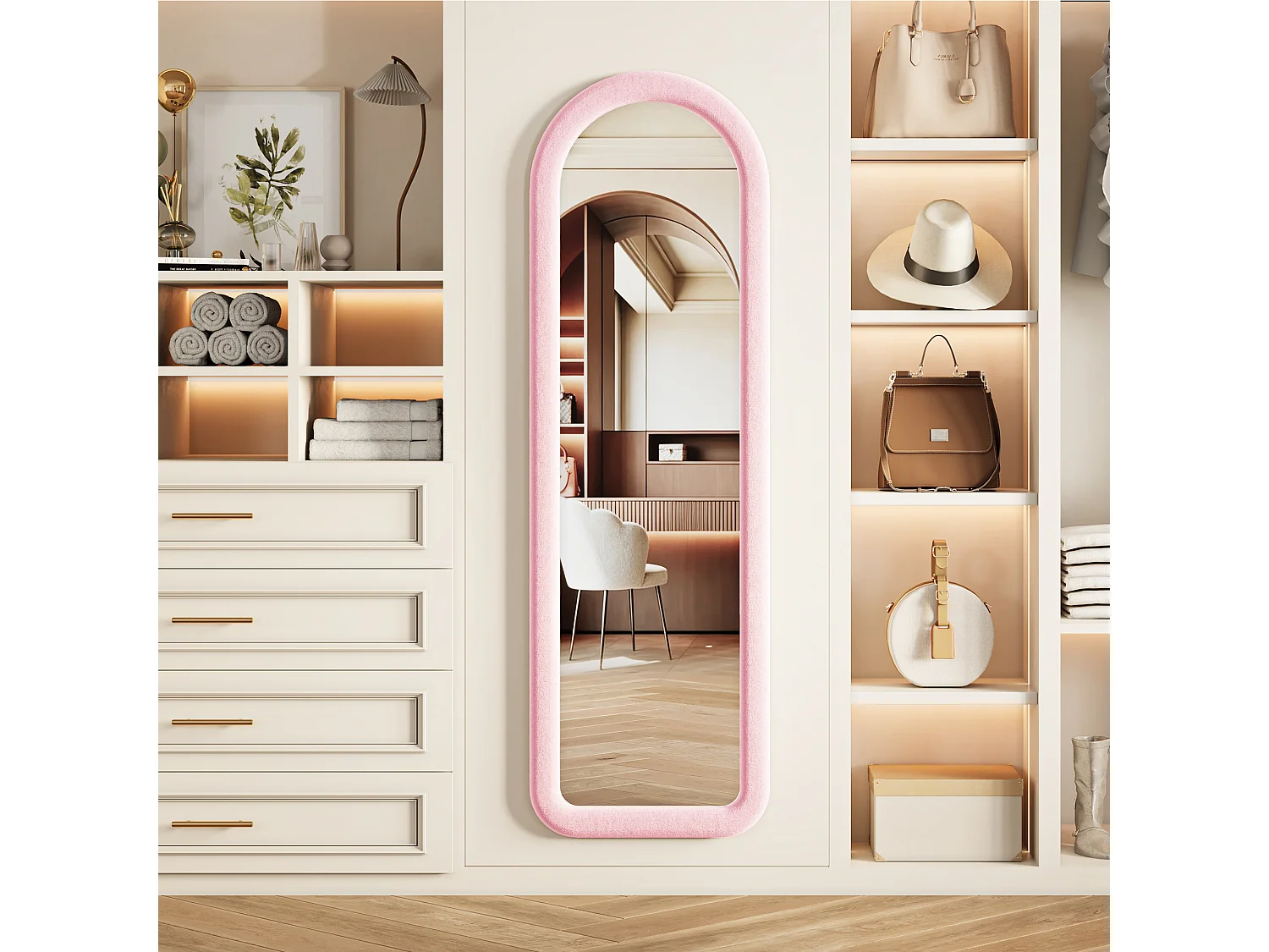 Miroir plein pied arqué 160x50 cm, cadre mural en velours, verre trempé, miroir dressing moderne, chambre, salon, rose