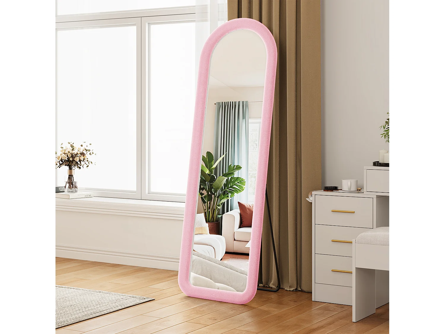 Miroir plein pied arqué 160x50 cm, cadre mural en velours, verre trempé, miroir dressing moderne, chambre, salon, rose