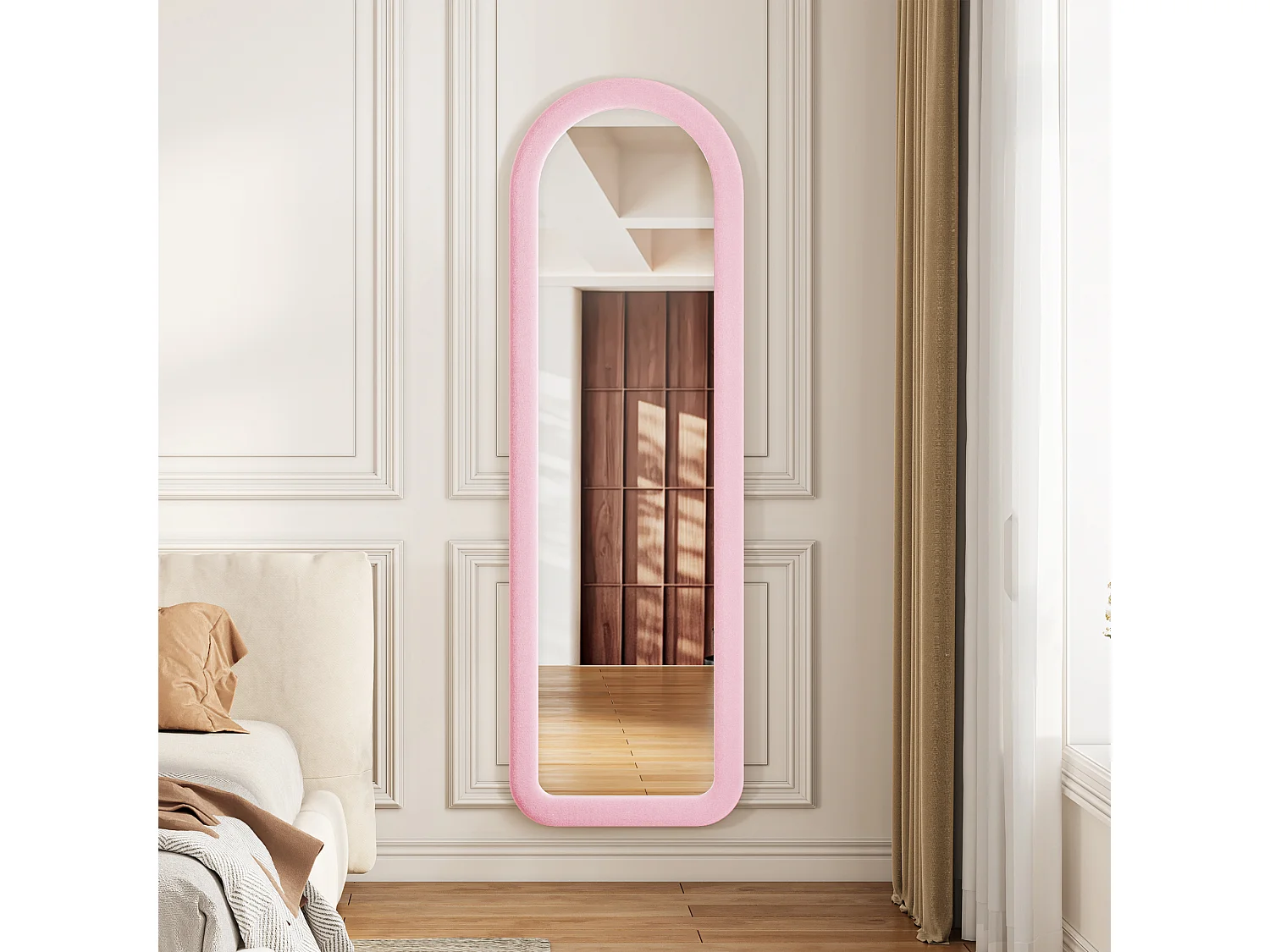 Miroir plein pied arqué 160x50 cm, cadre mural en velours, verre trempé, miroir dressing moderne, chambre, salon, rose