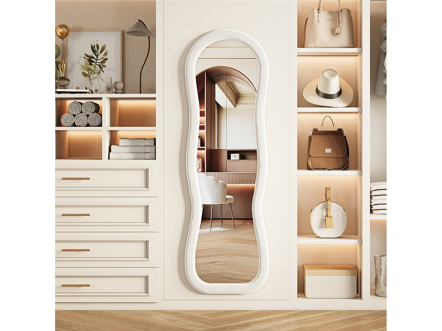 Miroir plein pied ondulé 160x50 cm, mural, cadre rembourré en velours, verre trempé, miroir dressing décoratif moderne, chambre, blanc
