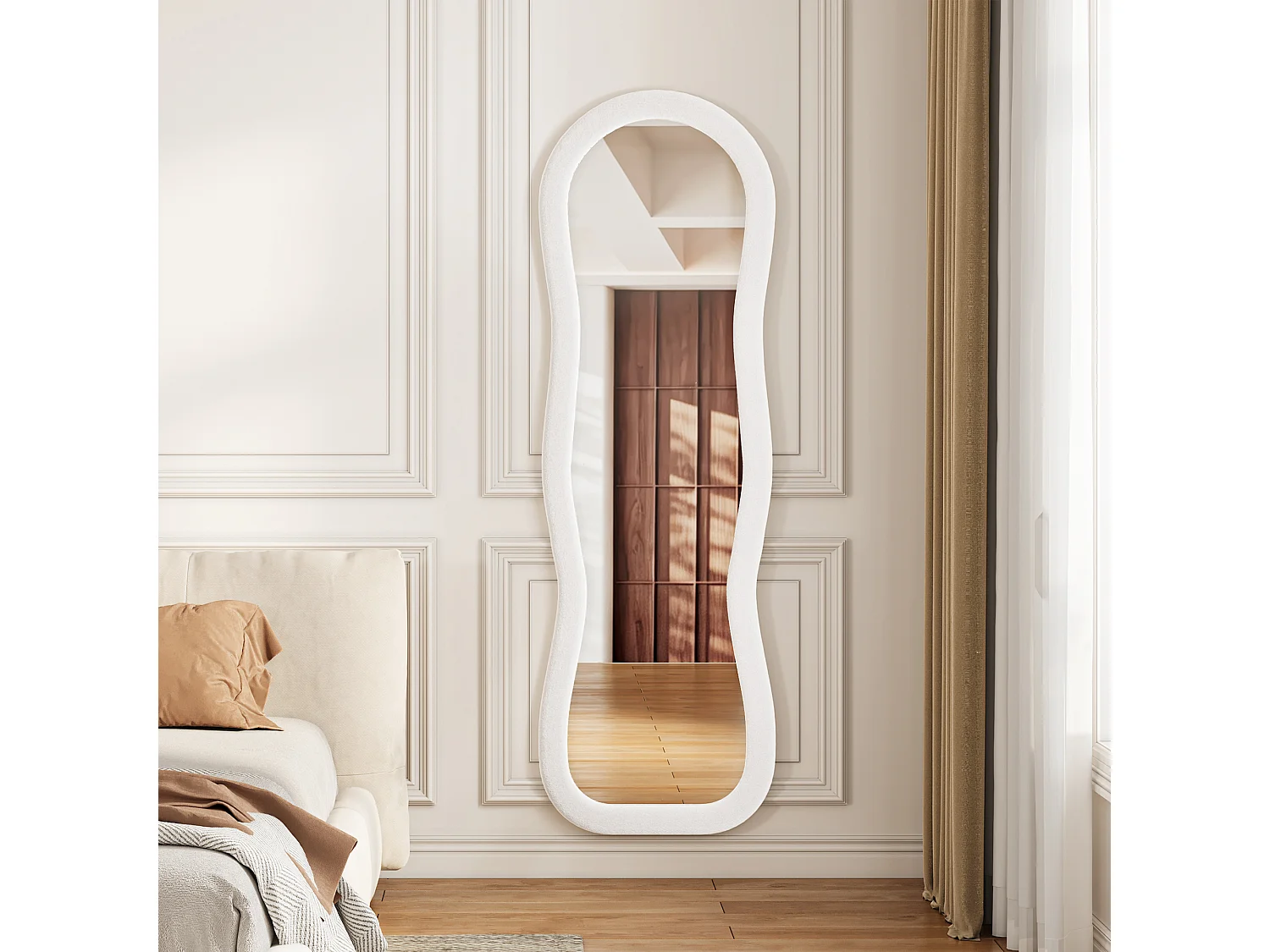 Miroir plein pied ondulé 160x50 cm, mural, cadre rembourré en velours, verre trempé, miroir dressing décoratif moderne, chambre, blanc