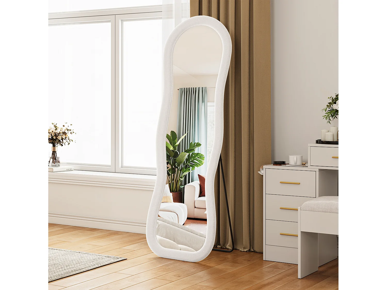 Miroir plein pied ondulé 160x50 cm, mural, cadre rembourré en velours, verre trempé, miroir dressing décoratif moderne, chambre, blanc
