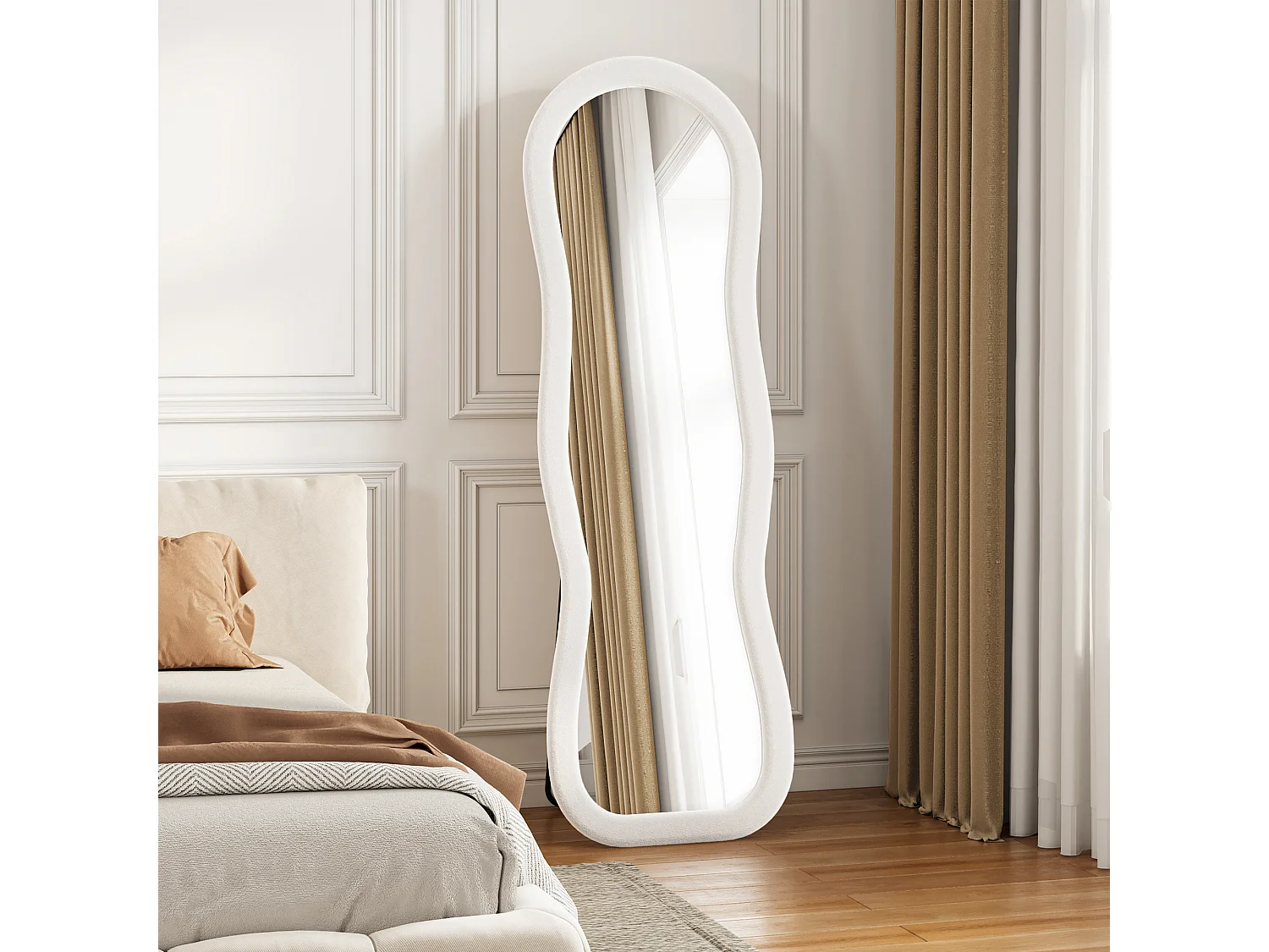Miroir plein pied ondulé 160x50 cm, mural, cadre rembourré en velours, verre trempé, miroir dressing décoratif moderne, chambre, blanc