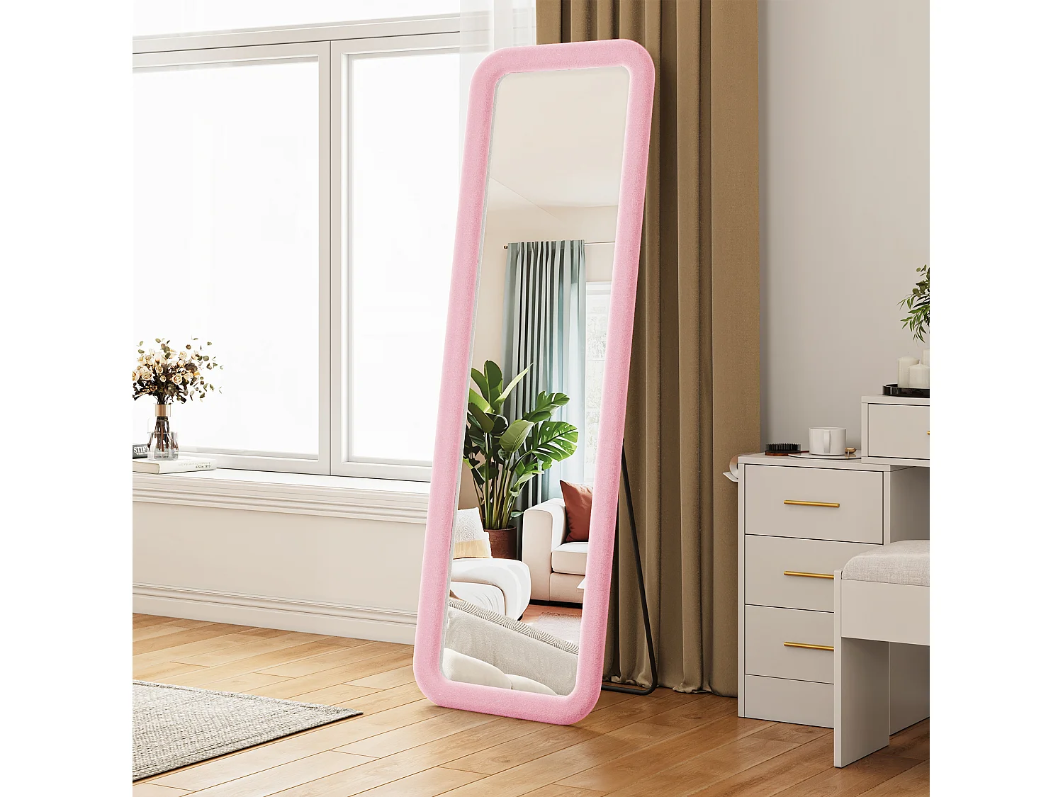Roze rechthoekige wandspiegel 160x50 cm - Grote passpiegel met zacht fluwelen frame, moderne decoratieve spiegel voor slaapkamer en kleedkamer