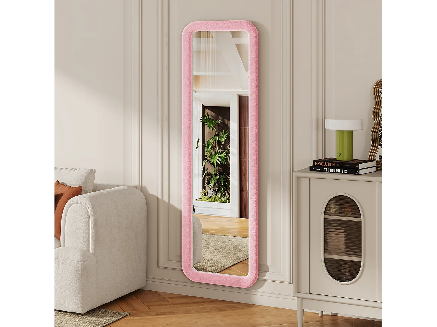 Roze rechthoekige wandspiegel 160x50 cm - Grote passpiegel met zacht fluwelen frame, moderne decoratieve spiegel voor slaapkamer en kleedkamer