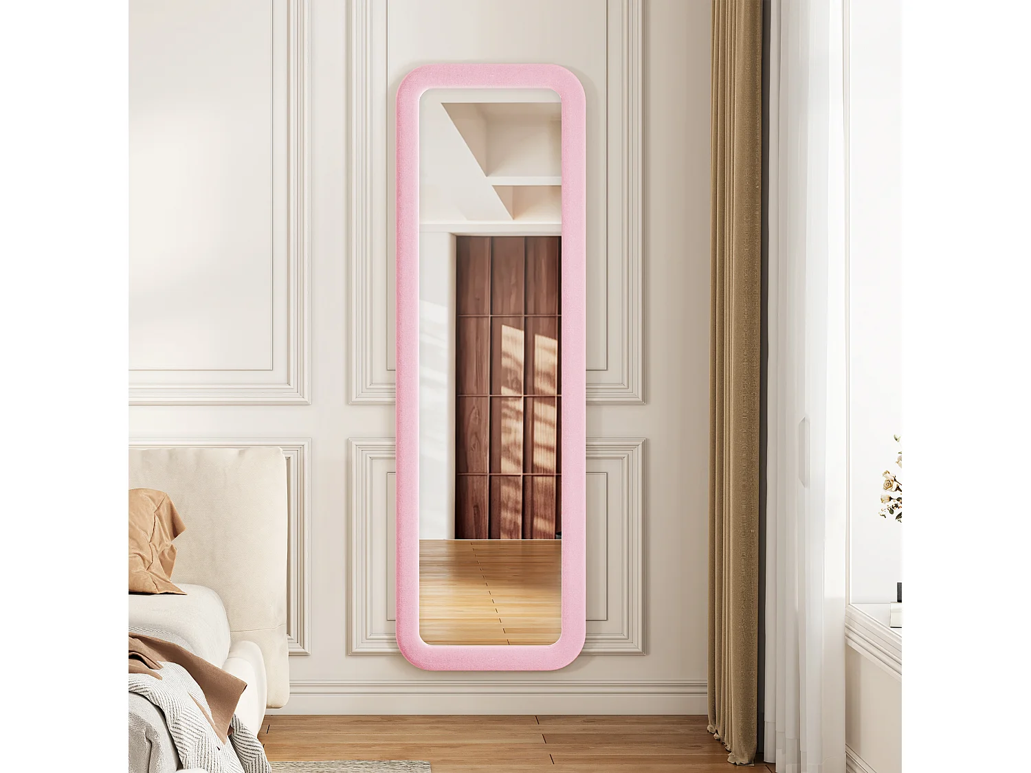 Roze rechthoekige wandspiegel 160x50 cm - Grote passpiegel met zacht fluwelen frame, moderne decoratieve spiegel voor slaapkamer en kleedkamer