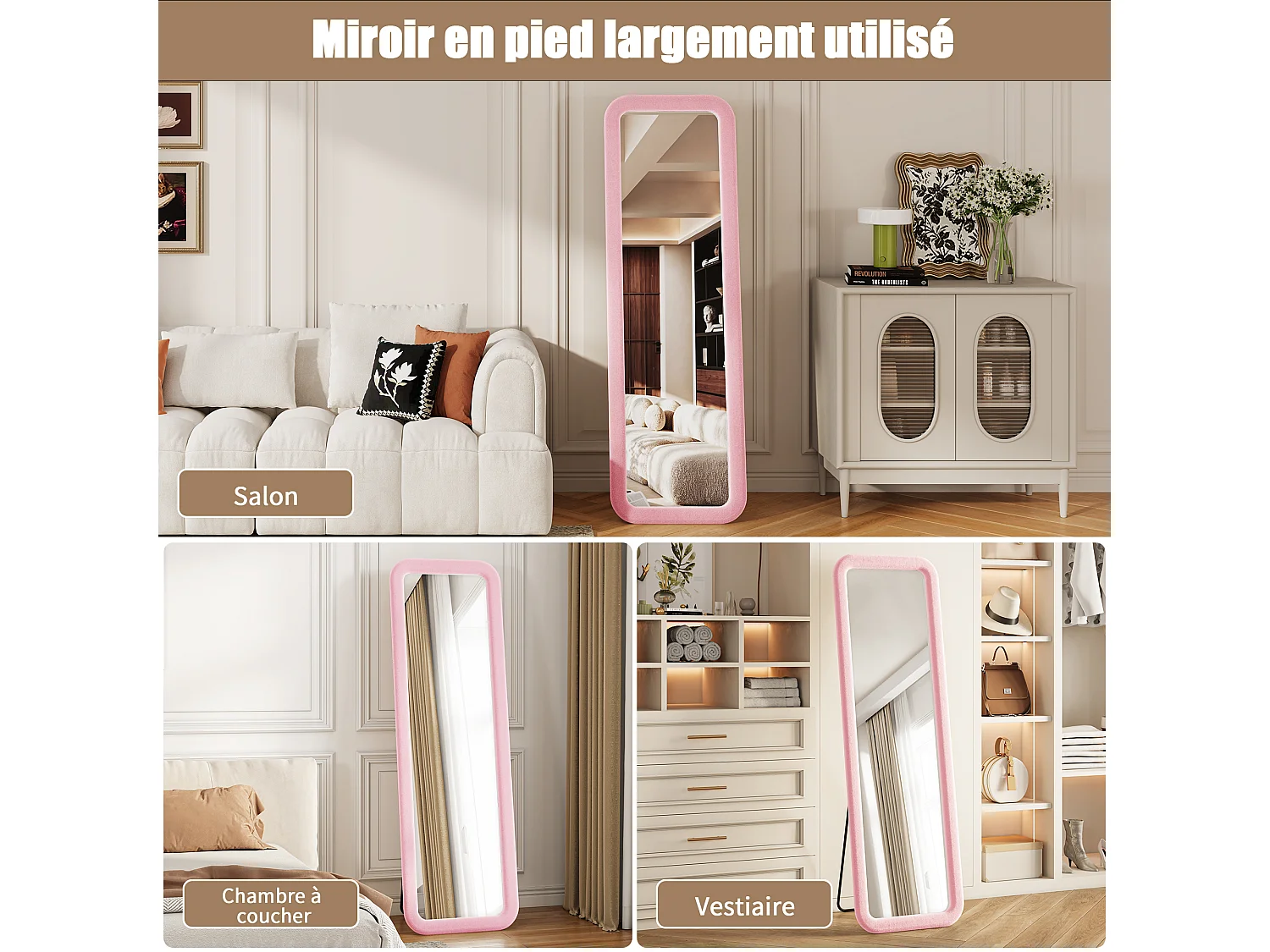 Roze rechthoekige wandspiegel 160x50 cm - Grote passpiegel met zacht fluwelen frame, moderne decoratieve spiegel voor slaapkamer en kleedkamer