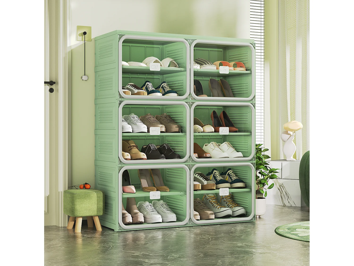 Meuble à chaussures pliable 85x33,5x104,3 cm, 6 niveaux double colonne, portes transparentes magnétiques, sans montage, entrée