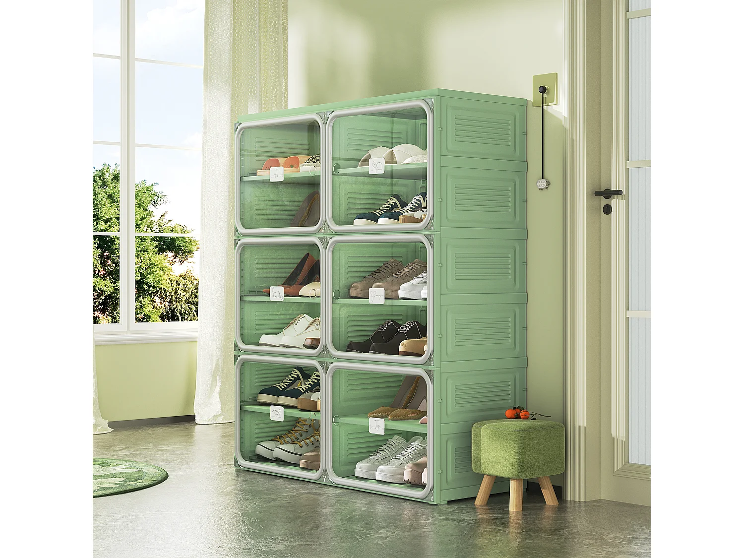 Meuble à chaussures pliable 85x33,5x104,3 cm, 6 niveaux double colonne, portes transparentes magnétiques, sans montage, entrée