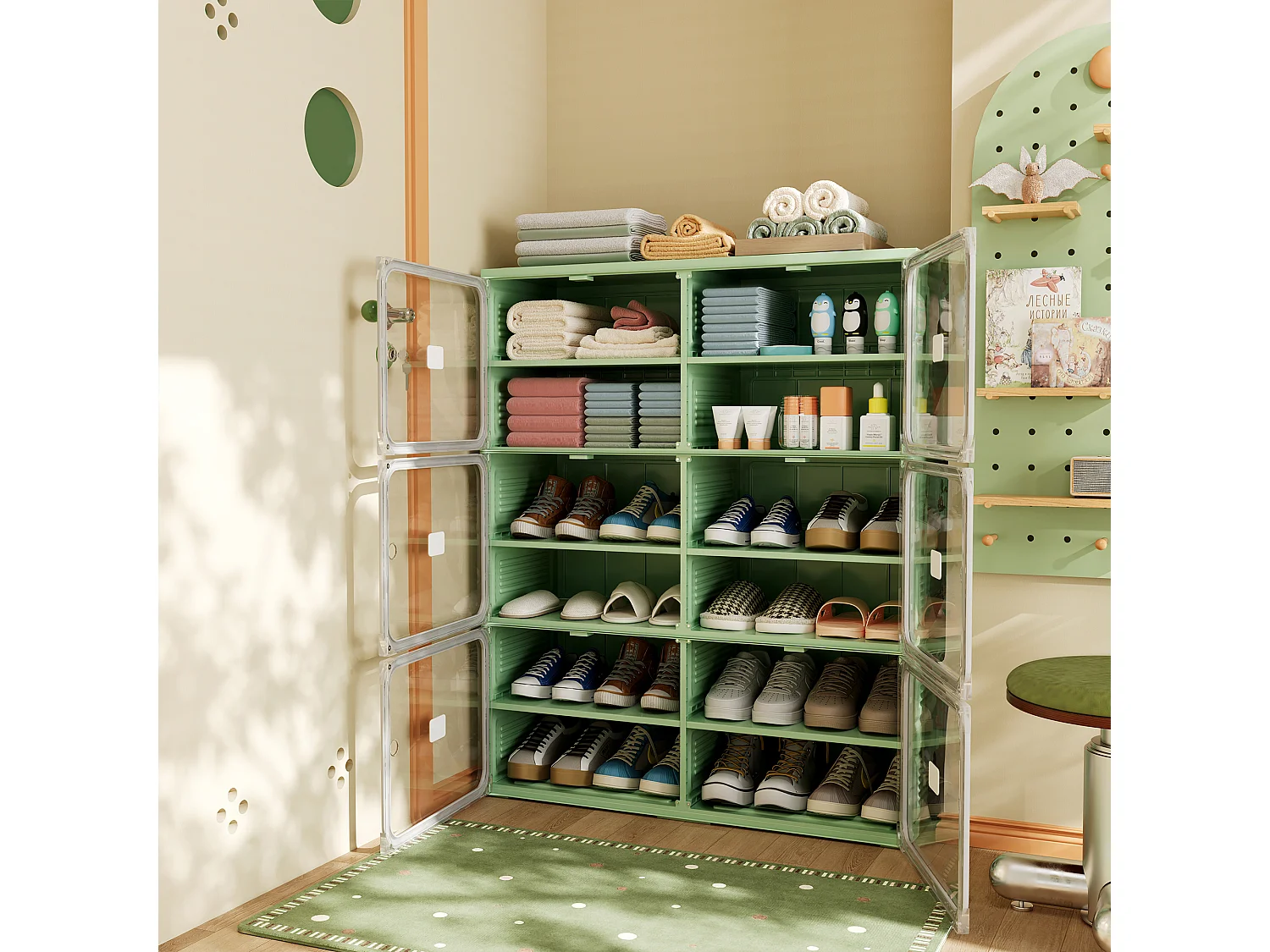 Meuble à chaussures pliable 85x33,5x104,3 cm, 6 niveaux double colonne, portes transparentes magnétiques, sans montage, entrée