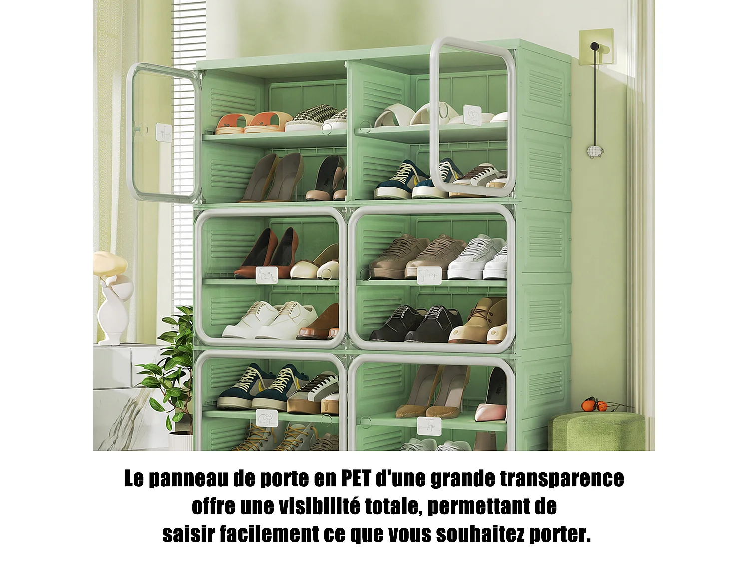 Meuble à chaussures pliable 85x33,5x104,3 cm, 6 niveaux double colonne, portes transparentes magnétiques, sans montage, entrée