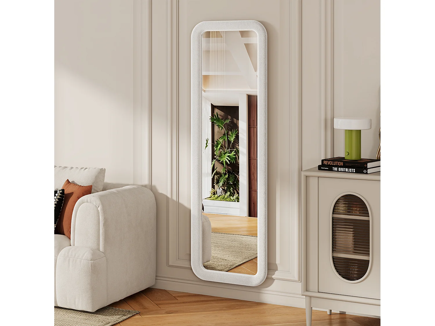 Rechthoekige wandspiegel 160x50 cm - Grote passpiegel met wit fluwelen frame, zachte rand en gehard glas voor slaapkamer, kleedkamer en hal