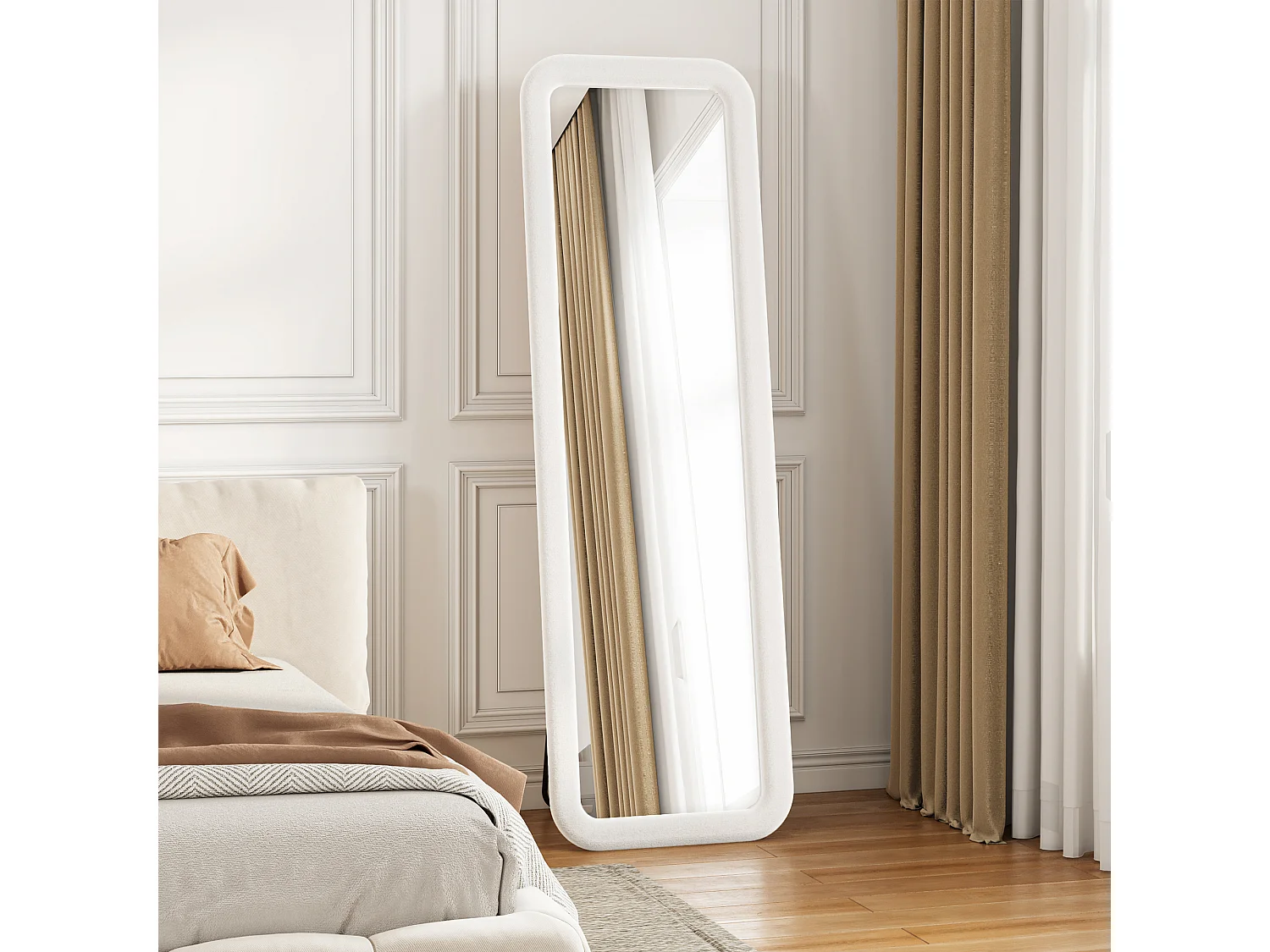 Rechthoekige wandspiegel 160x50 cm - Grote passpiegel met wit fluwelen frame, zachte rand en gehard glas voor slaapkamer, kleedkamer en hal