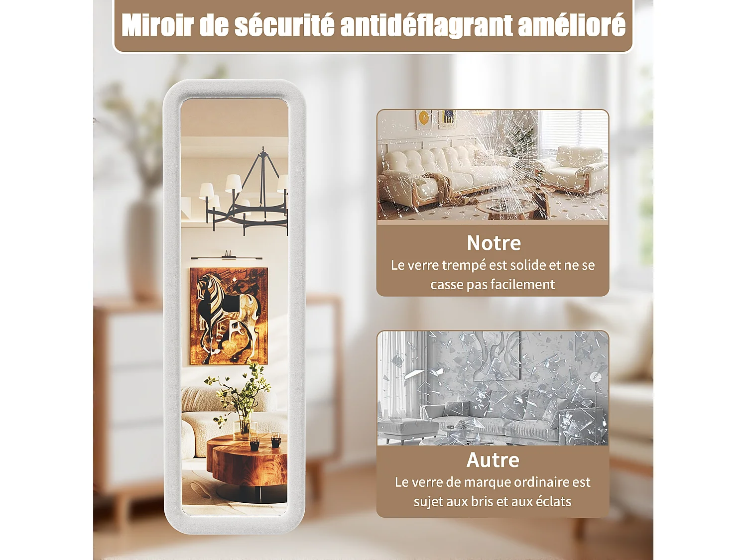 Rechthoekige wandspiegel 160x50 cm - Grote passpiegel met wit fluwelen frame, zachte rand en gehard glas voor slaapkamer, kleedkamer en hal
