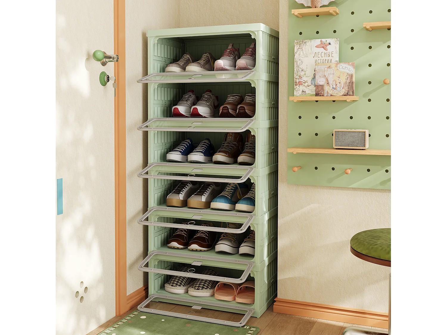 Meuble à chaussures étroit pliable 45x34x106 cm, 6 niveaux, portes transparentes en PET à fermeture magnétique, sans montage, entrée