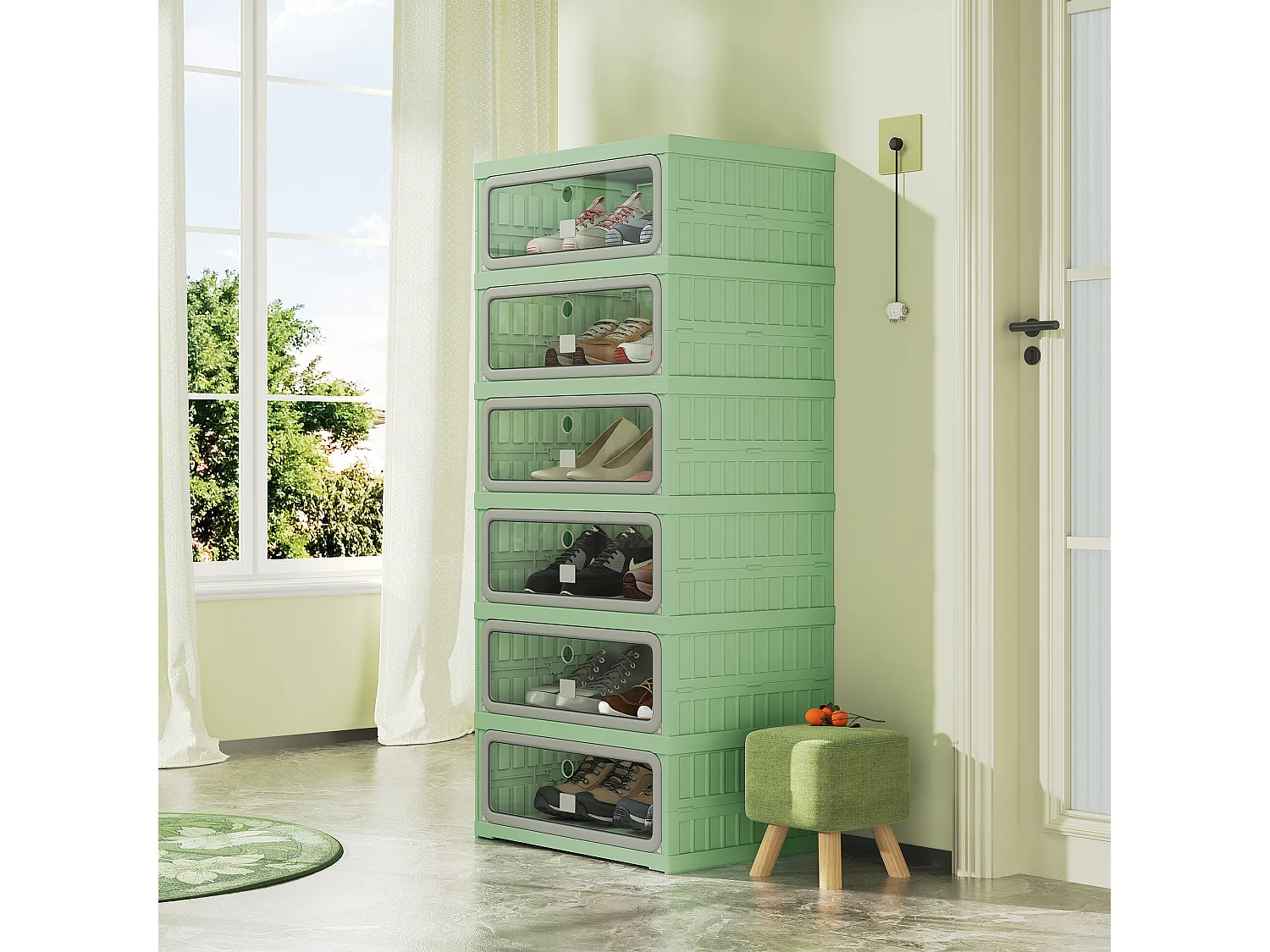 Meuble à chaussures étroit pliable 45x34x106 cm, 6 niveaux, portes transparentes en PET à fermeture magnétique, sans montage, entrée